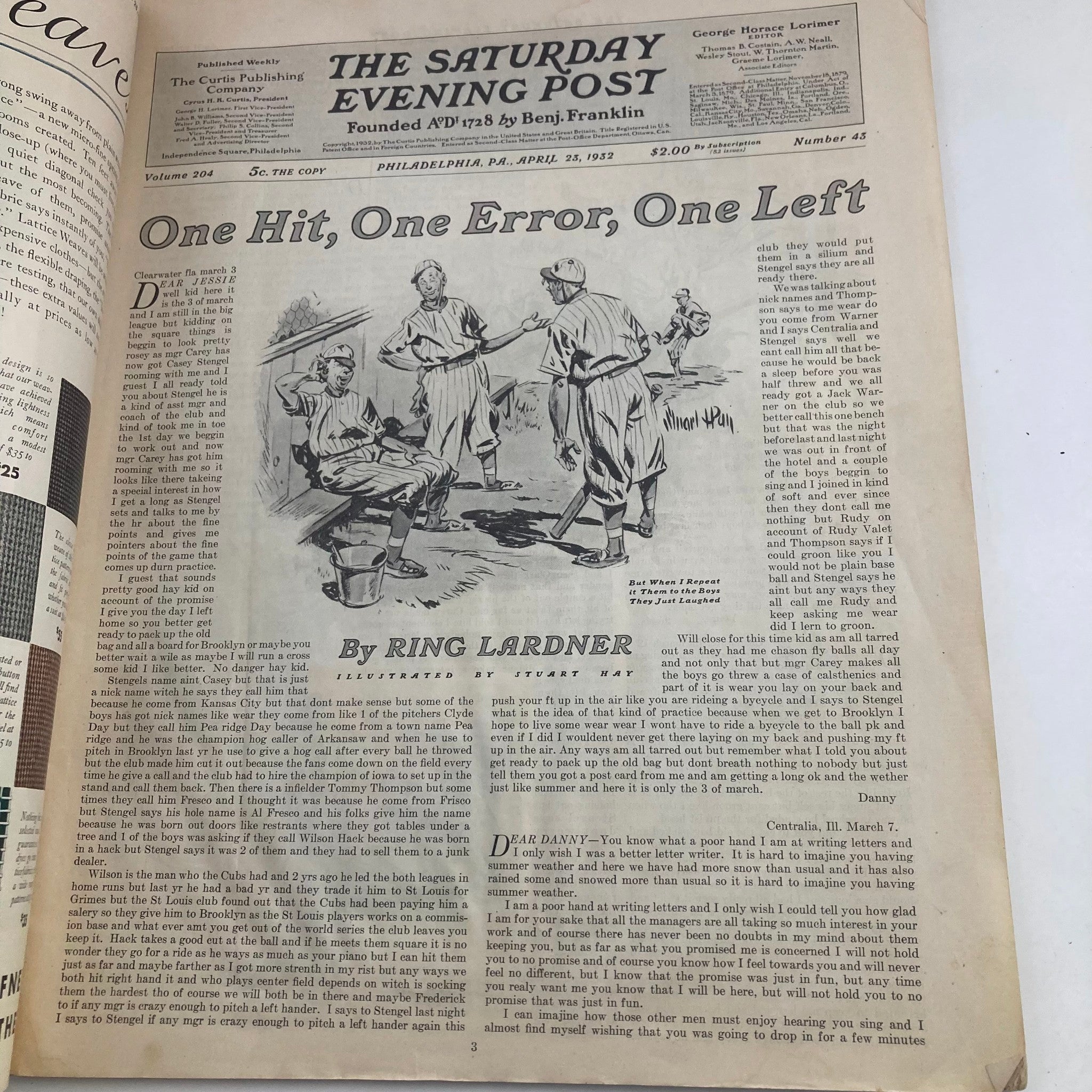 Interior page of The Saturday Evening Post Magazine from April 23, 1932 featuring an article titled 'One Hit, One Error, One Left' by Ring Lardner. The magazine page showcases illustrations and text reflecting early 20th-century baseball and literature.