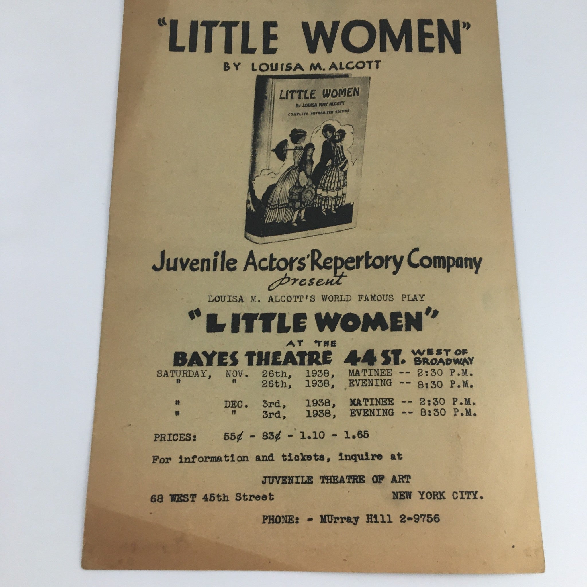 1938 Juvenile Actors' Repertory Company Bayes Theatre 44 St. 'Little Women'