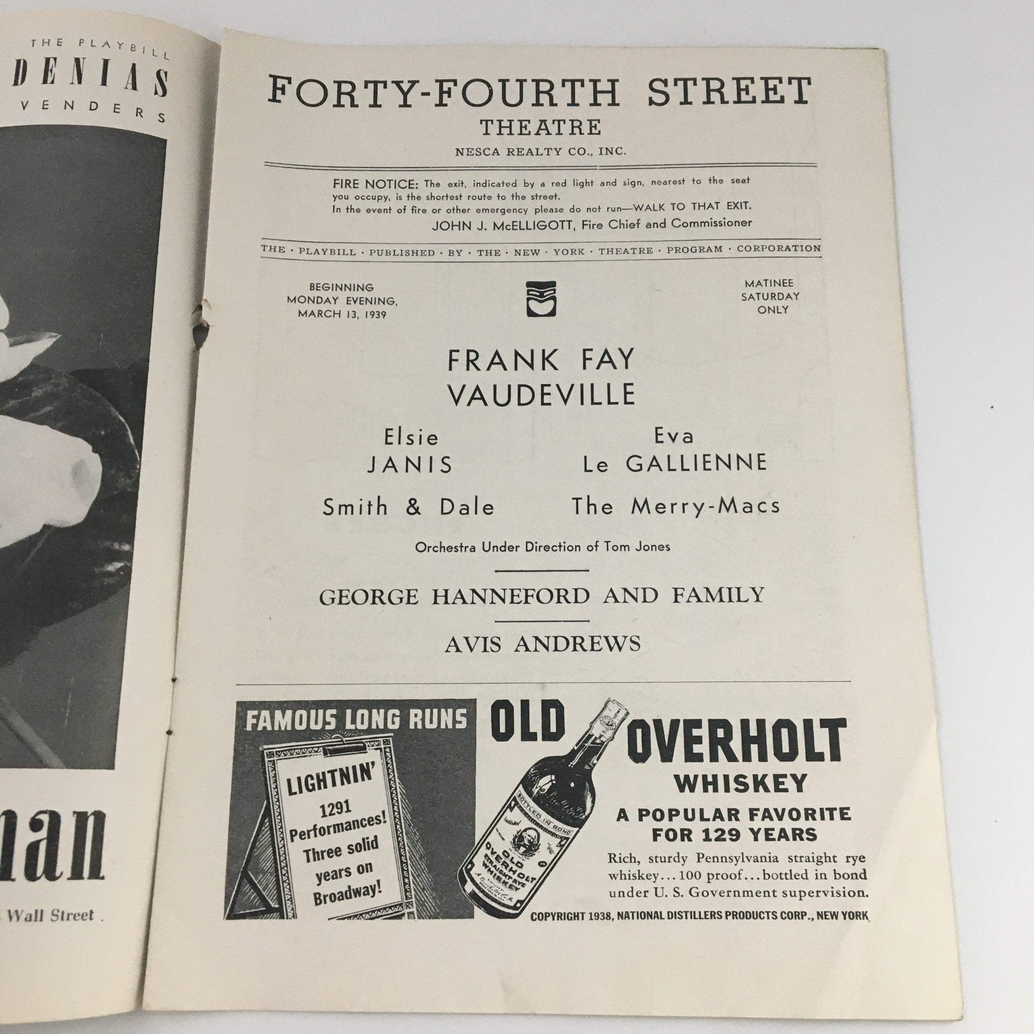 1939 Playbill Forty-Fourth Street Theatre 'Frank Fay Vaudeville' Elsie Janis