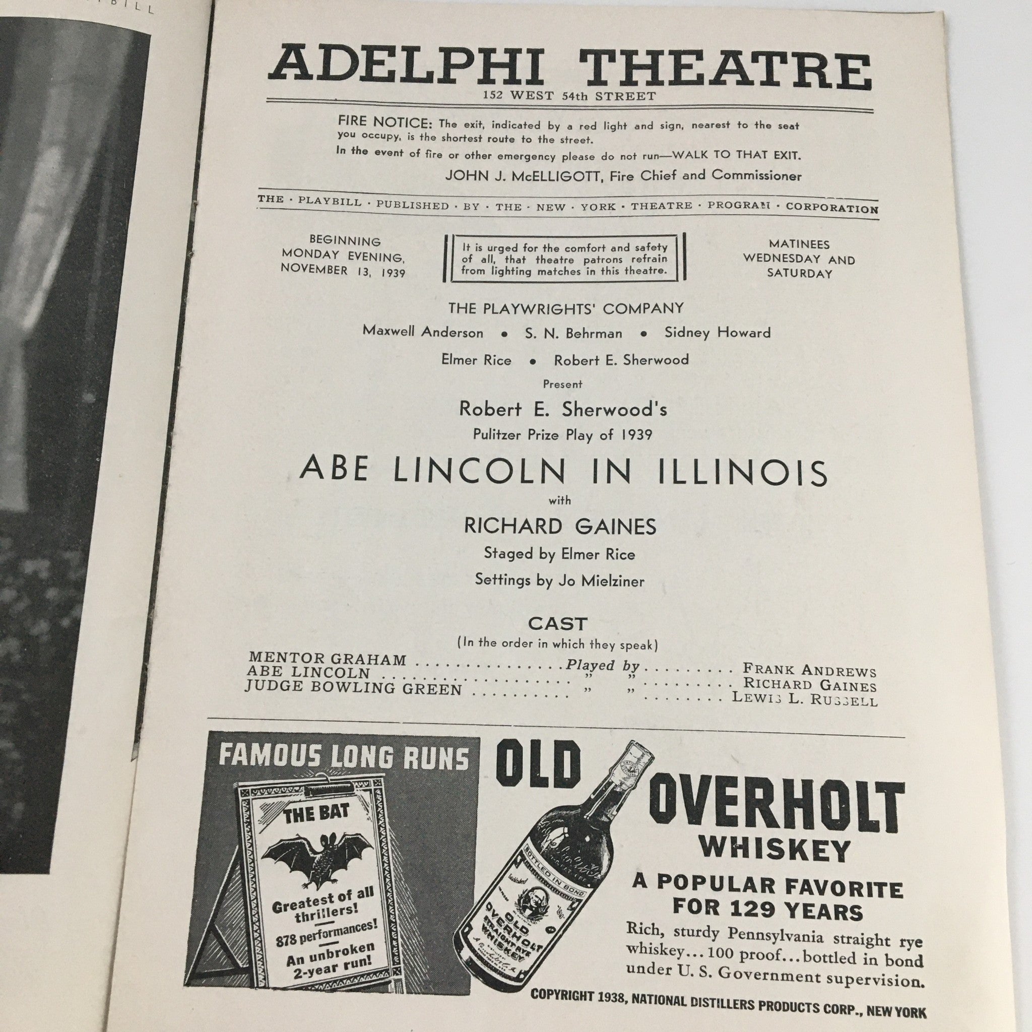 1939 Playbill Adelphi Theatre 'Abe Lincoln in Illinois' Richard Gaines