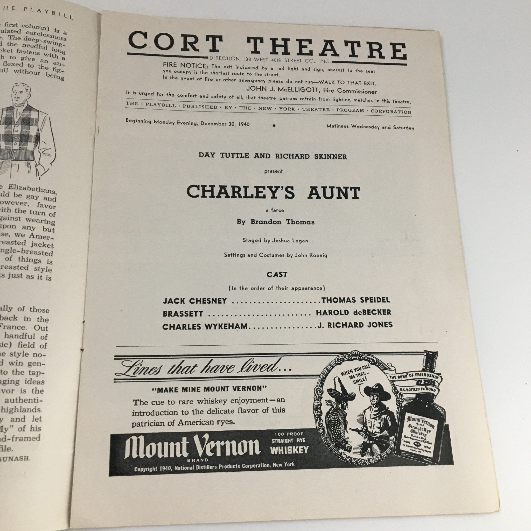 1940 Playbill Cort Theatre 'Charley's Aunt' Day Tutle and Richard Skinner