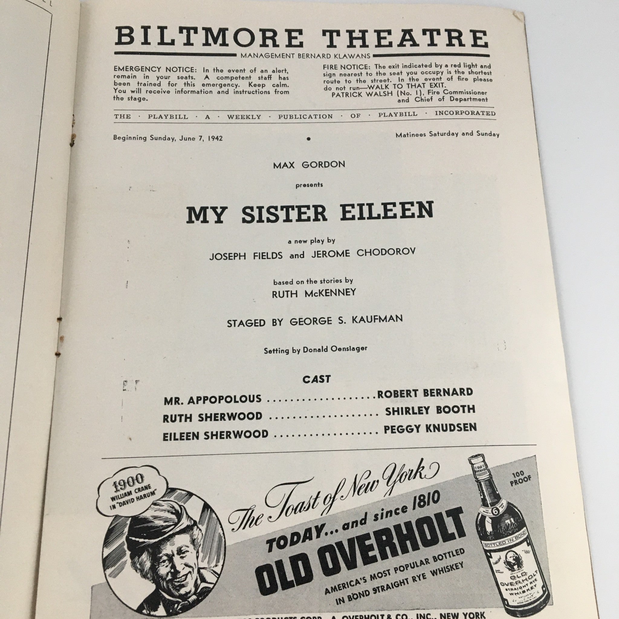 1942 Playbill Biltmore Theatre 'My Sister Eileen' Robert Bernard, Shirley Booth