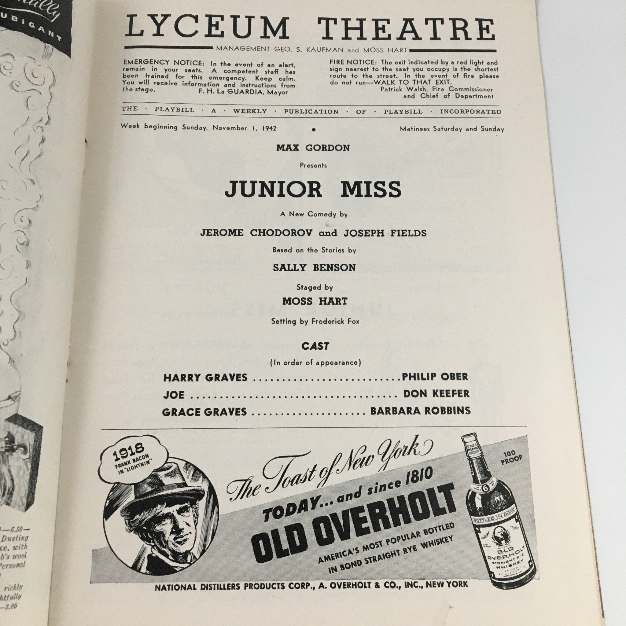 1942 Playbill Lyceum Theatre 'Junior Miss' Philip Ober, Barbara Robbins