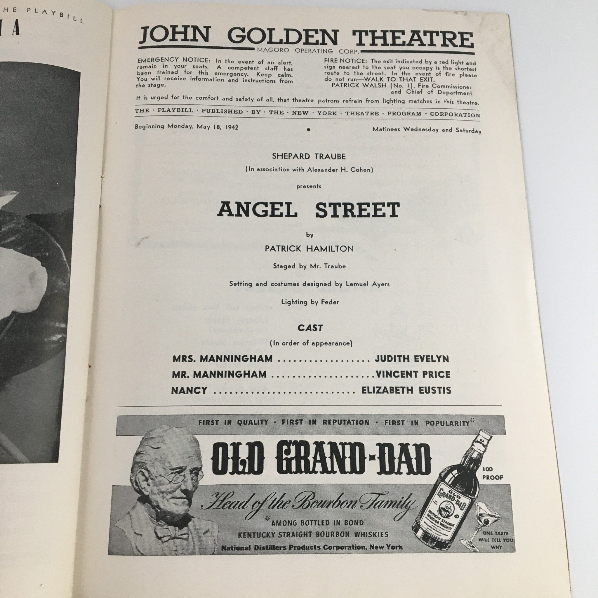 1942 Playbill John Golden Theatre 'Angel Street' Judith Evelyn, Vincent Price