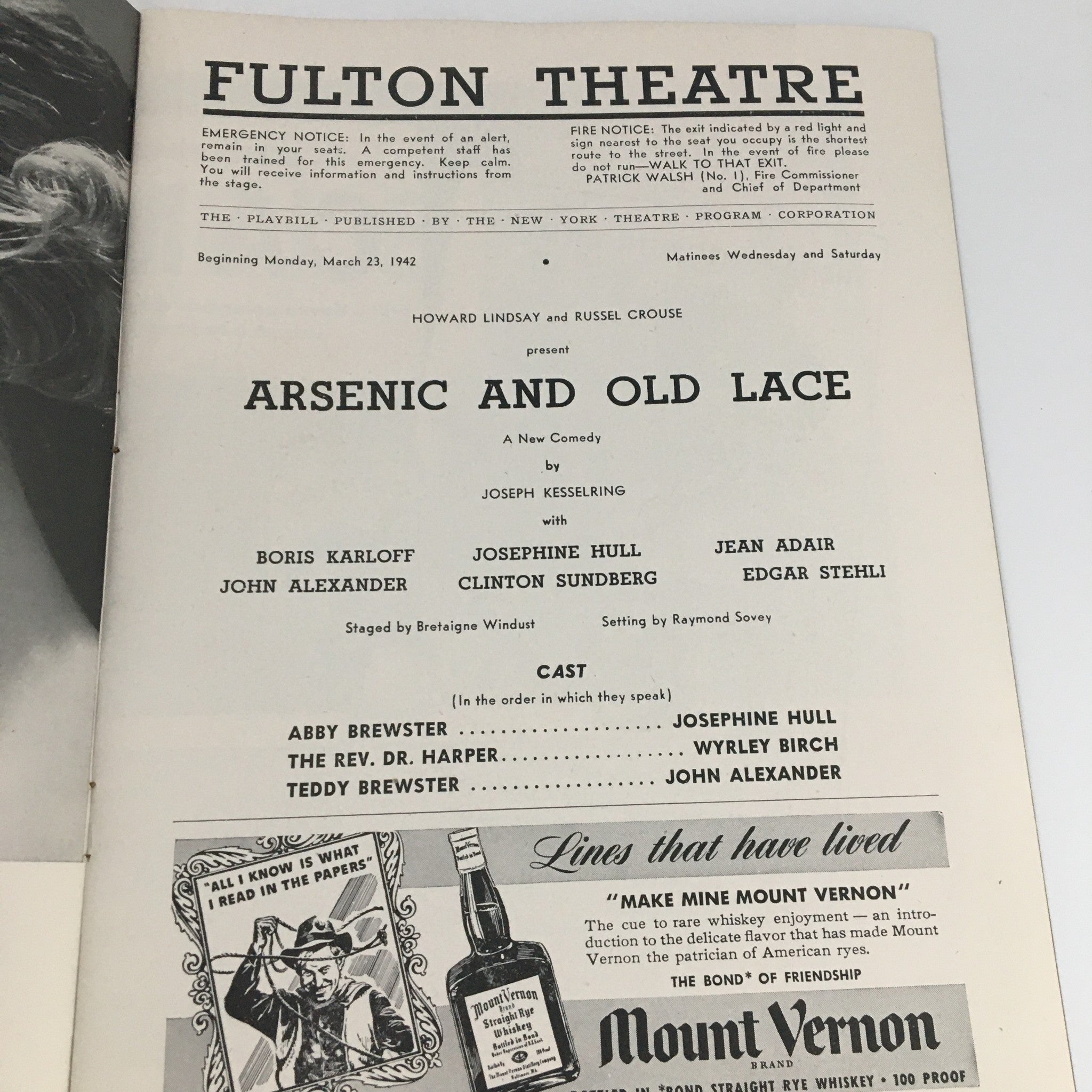 1942 Playbill Fulton Theatre 'Arsenic and Old Lace' Boris Karloff, Jean Adair