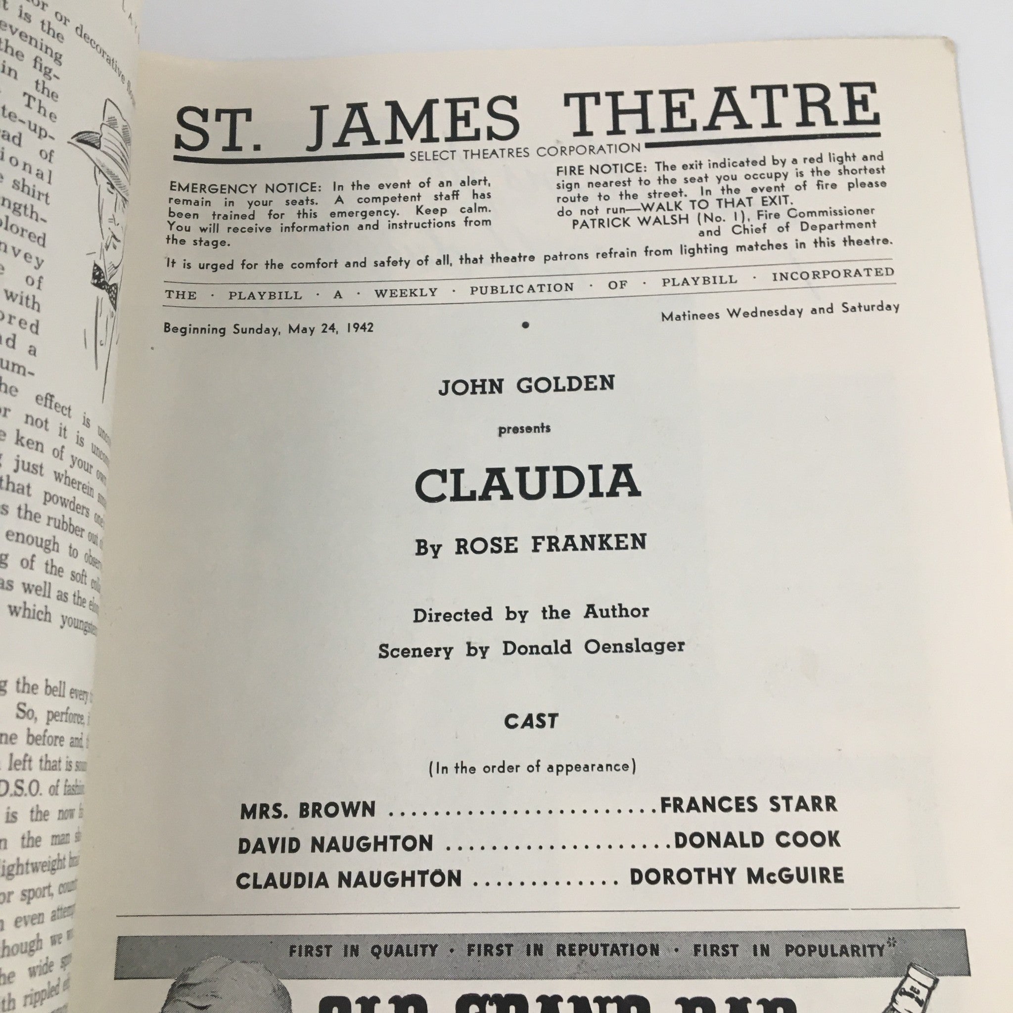 1942 Playbill St. James Theatre 'Claudia' Frances Starr, Dorothy McGuire