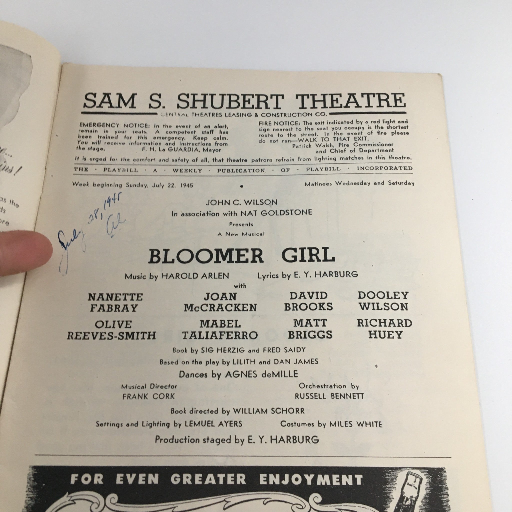 1945 Playbill Sam S. Shubert Theatre 'Bloomer Girl' Nanette Fabray, David Brooks