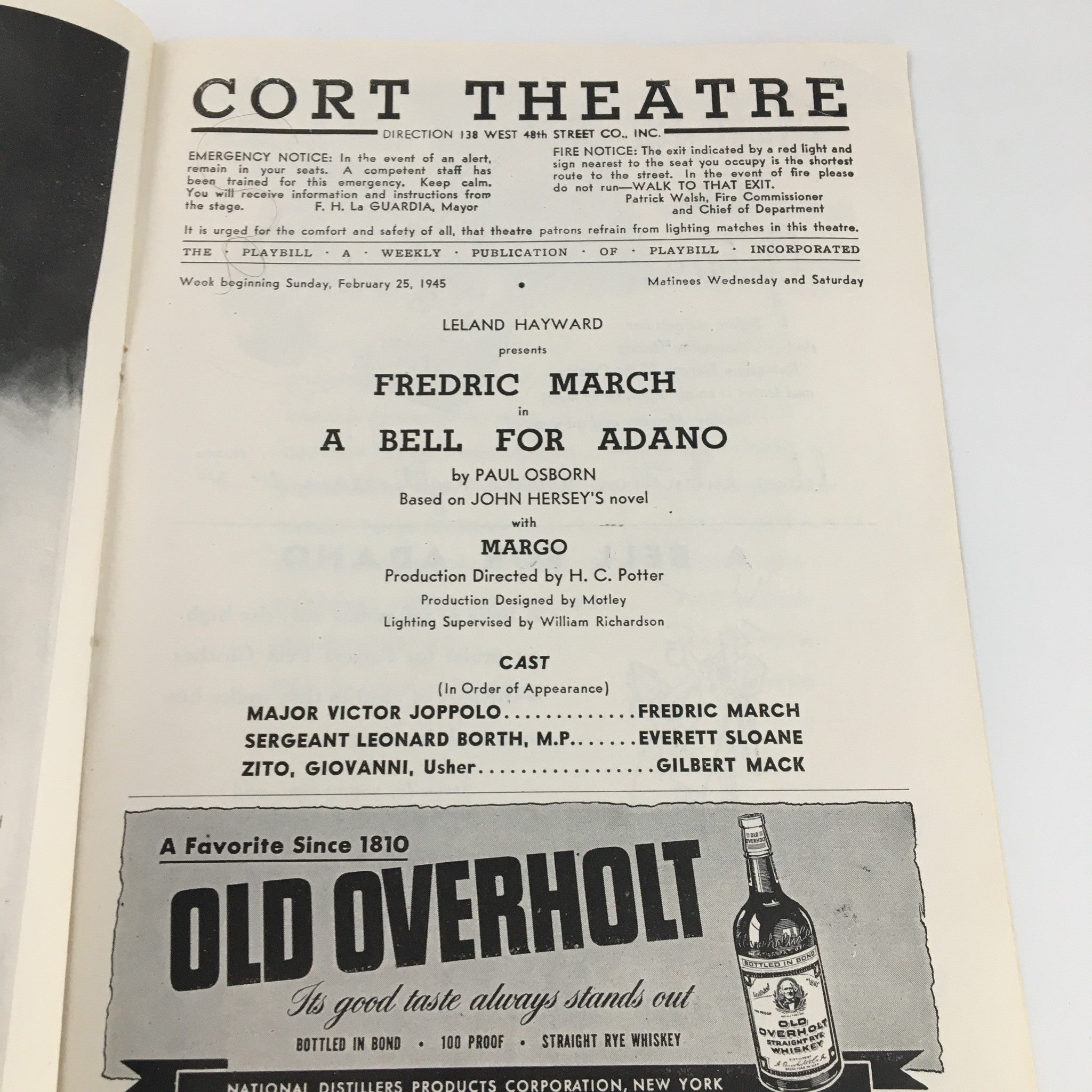 1945 Playbill Cort Theatre 'A Bell For Adano' Fredric March, Everett Sloane