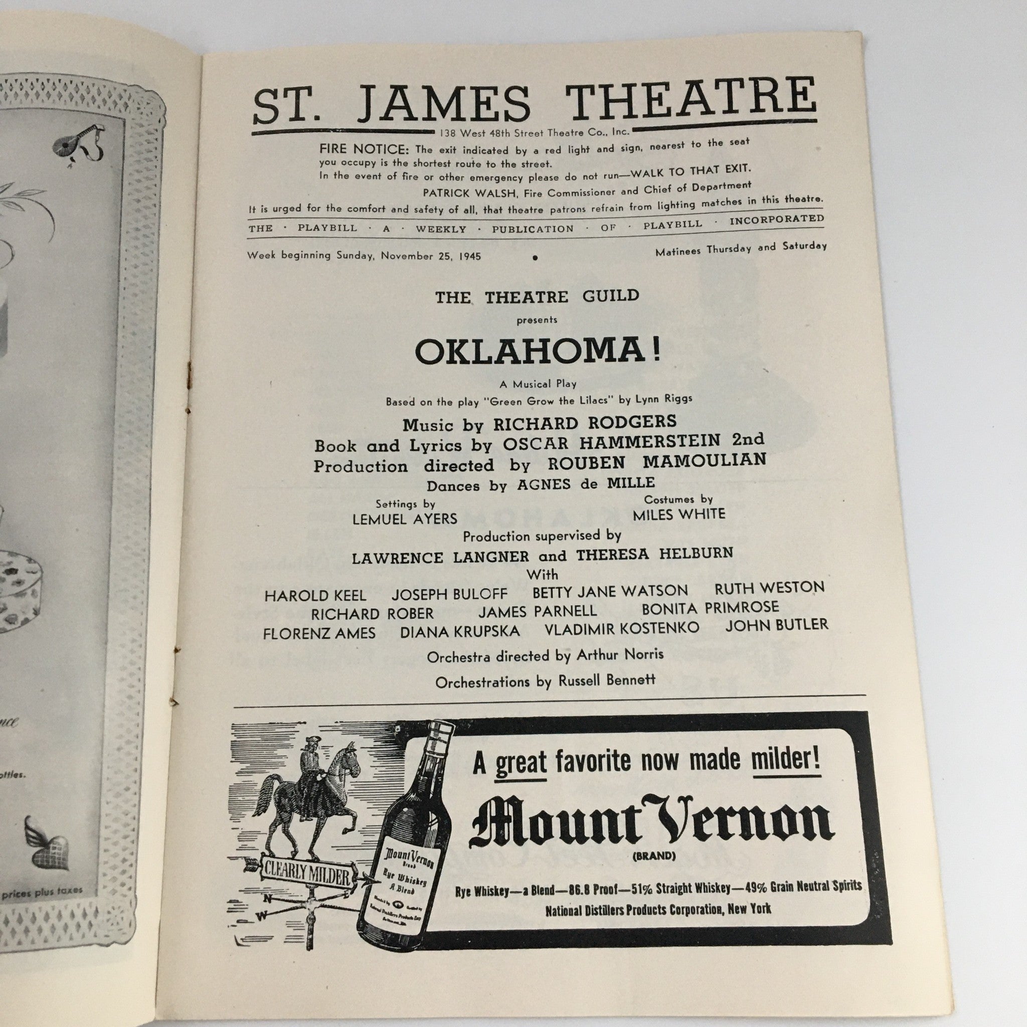 1945 Playbill St. James Theatre 'Oklahoma' Ruth Weston, Harold Keel, Barry Kelly