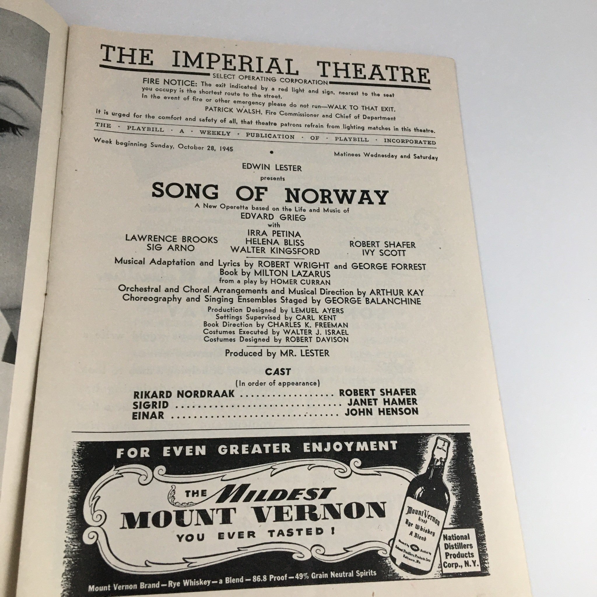 1945 Playbill The Imperial Theatre 'Song of Norway' Lawrence Brooks, Irra Petina