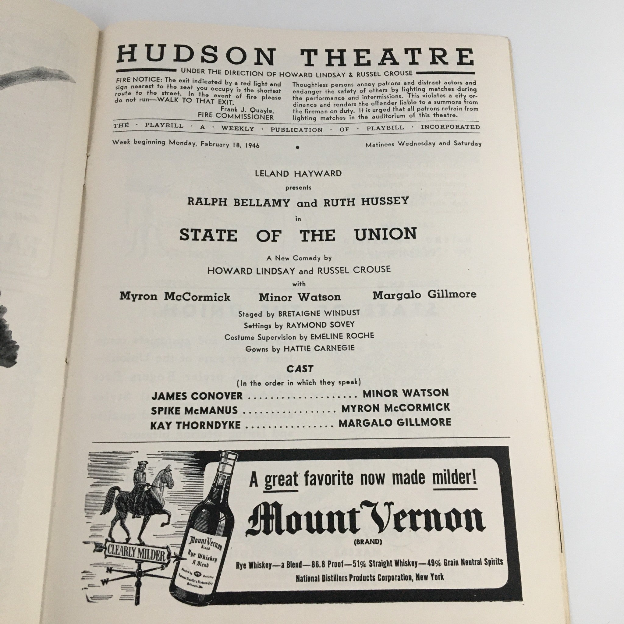 1946 Playbill Hudson Theatre 'State of the Union' Myron McCormick, Minor Watson