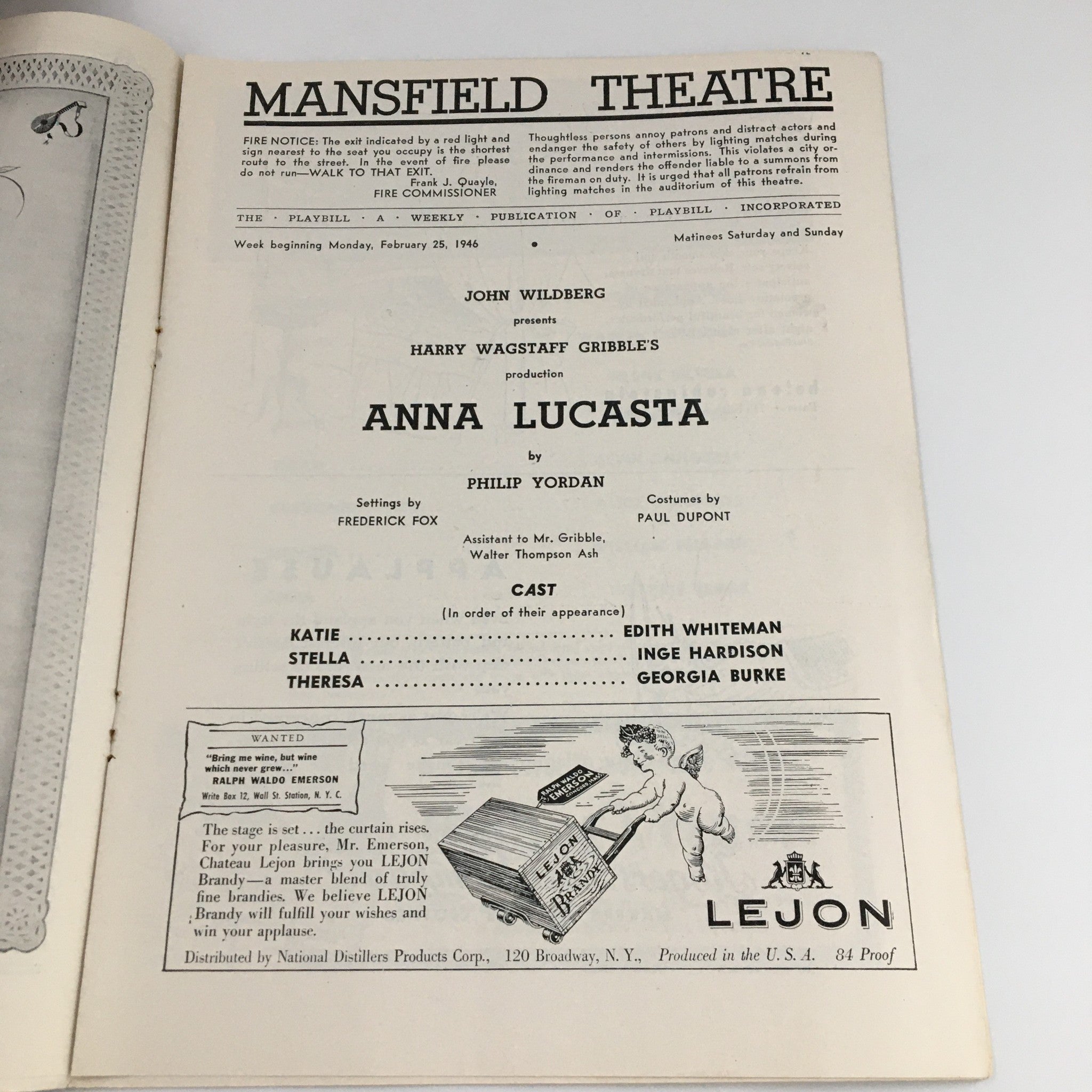 1946 Playbill Mansfield Theatre 'Anna Lucasta' Edith Whiteman, Inge Hardison