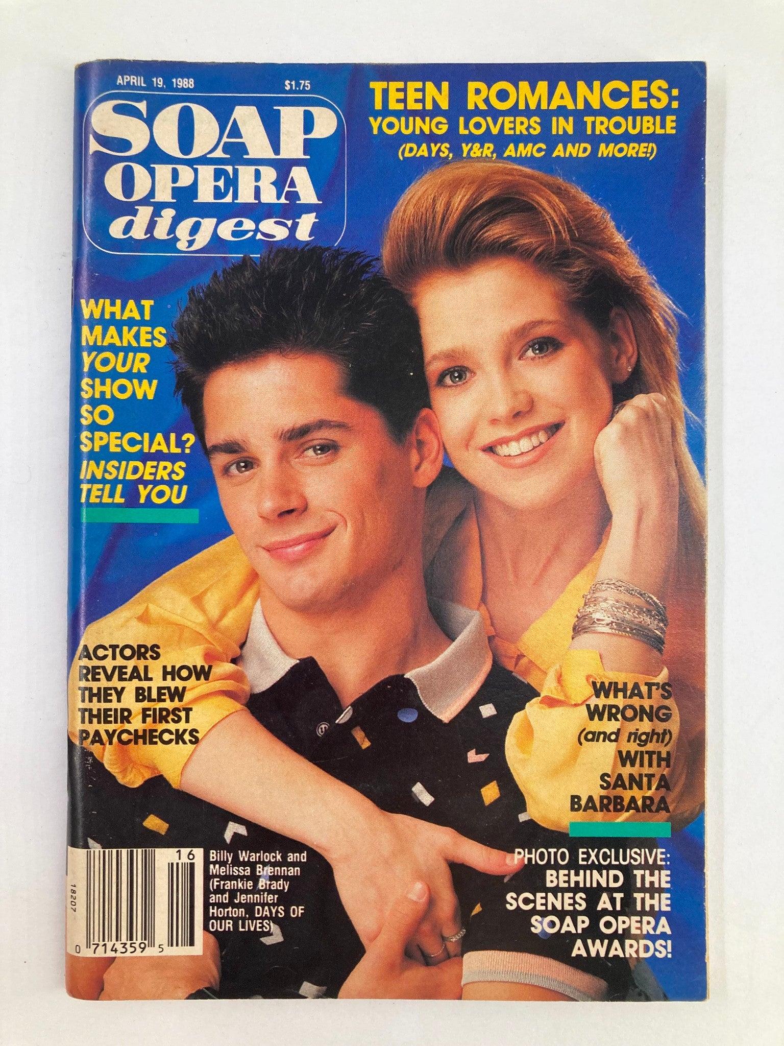 VTG Soap Opera Digest April 19 1988 Billy Warlock, Melissa Brennan No Label