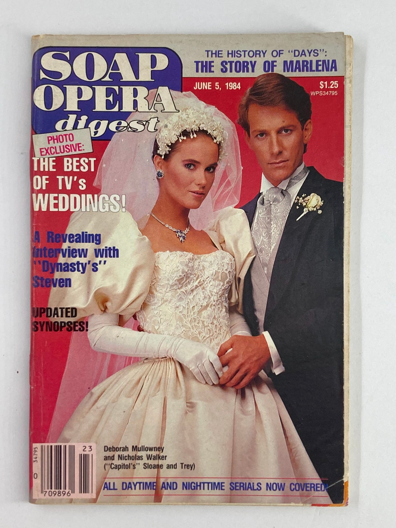 Vintage Soap Opera Digest magazine cover from June 5, 1984, featuring Deborah Mullowney and Nicholas Walker, promoting exclusive content on TV weddings and interviews.