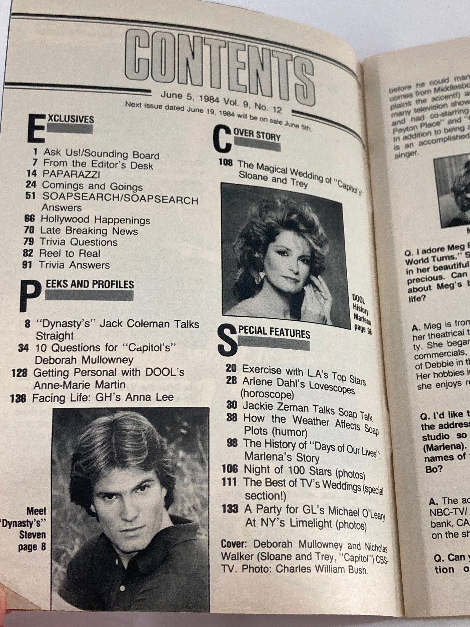 Contents page of the vintage Soap Opera Digest magazine from June 5, 1984, detailing articles, interviews, and features about popular soap operas, including a cover story on 'Capitol'.