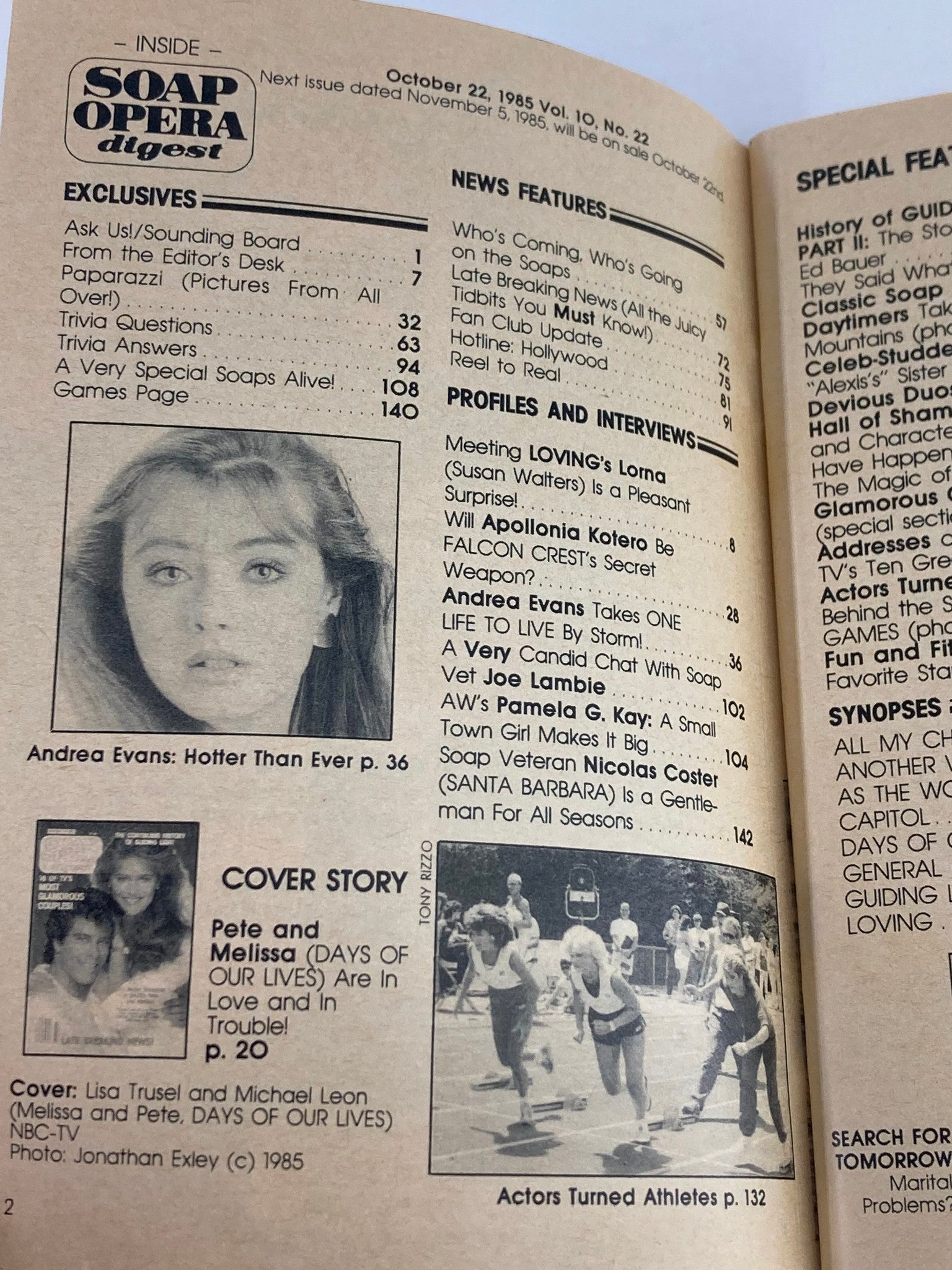 Inside page of VTG Soap Opera Digest October 22, 1985, displaying the contents with featured articles, including the cover story of Michael Leon and Lisa Trusel, and exclusive interviews.