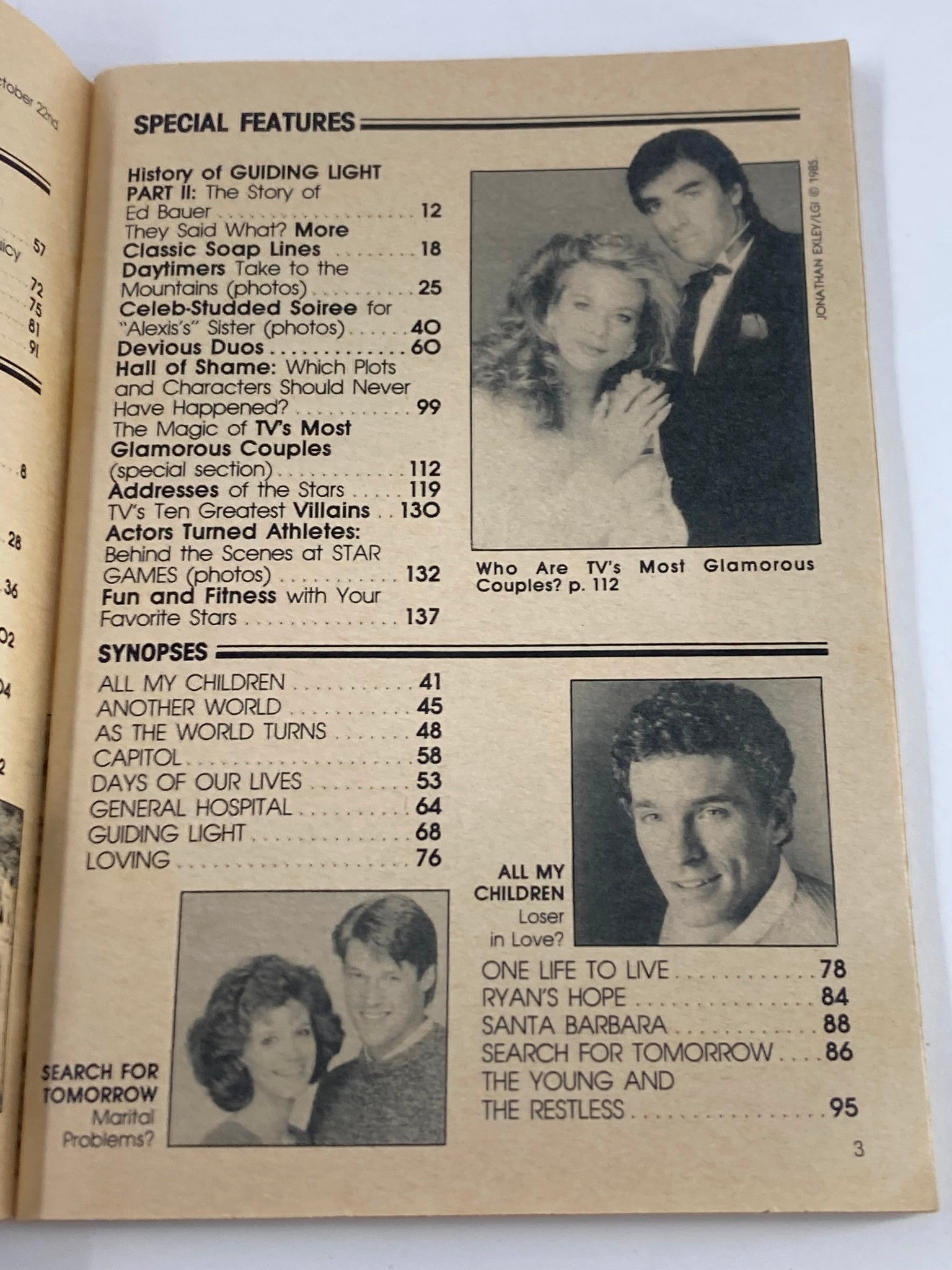 Another inside page of VTG Soap Opera Digest October 22, 1985, listing special features and synopsis of soap operas, highlighting the magazine's focus on daytime television trends.