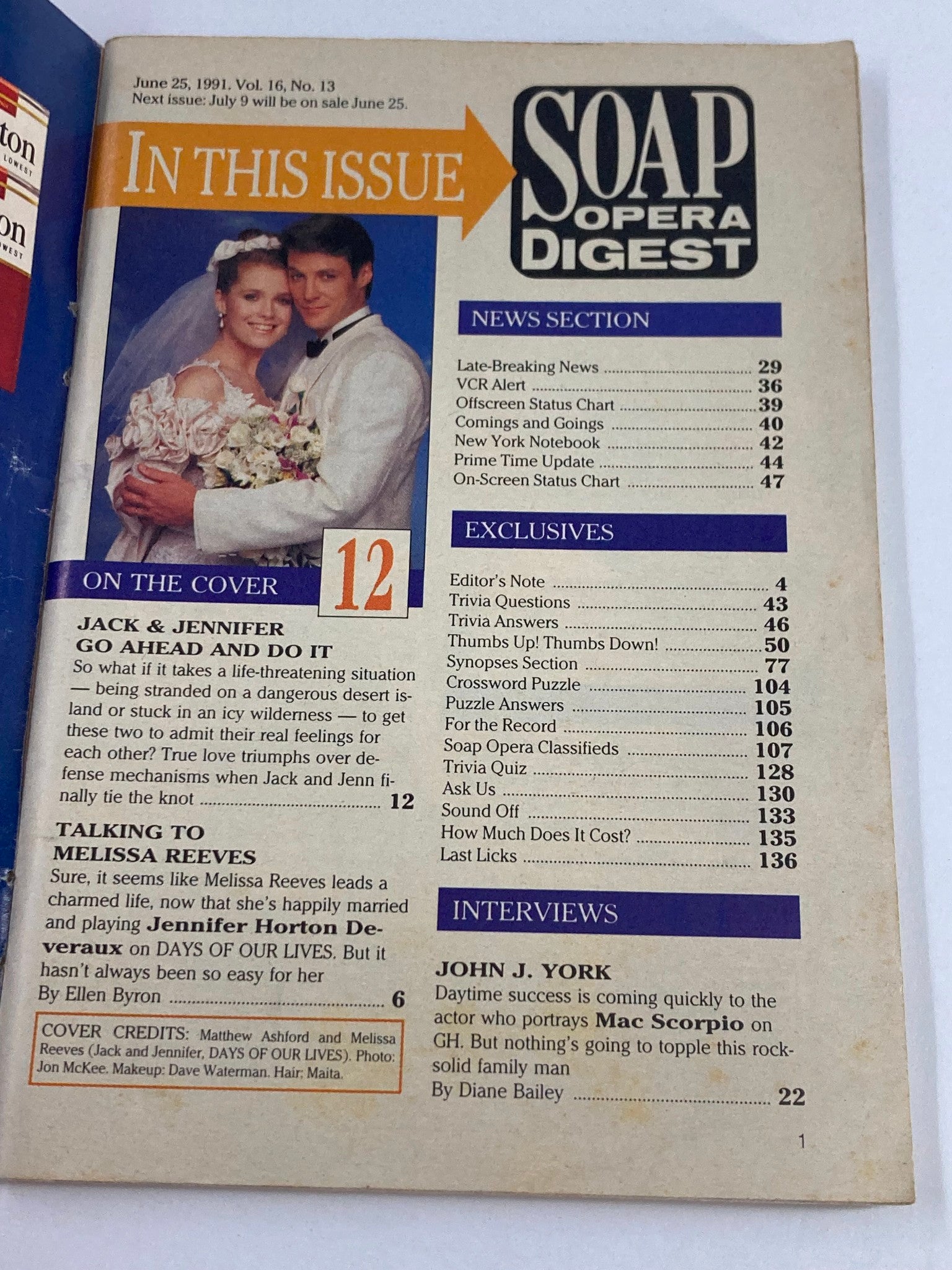 Inside page of Soap Opera Digest from June 25, 1991, highlighting features and exclusive content including interviews with Matthew Ashford and Melissa Reeves.
