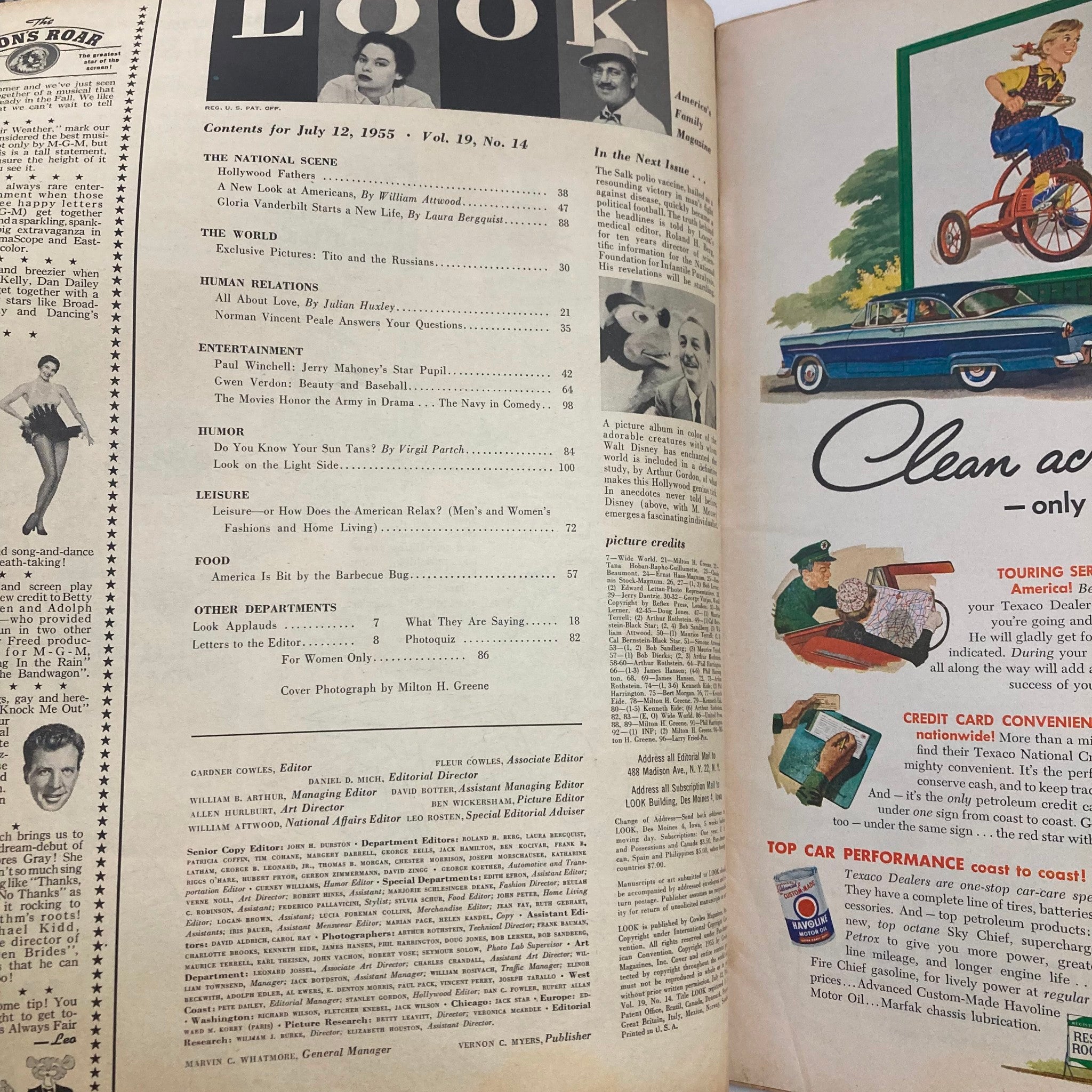 Table of contents page from VTG Look Magazine July 12 1955 Vol 19 No. 14, detailing various articles including Gloria Vanderbilt's feature and sections on entertainment, humor, and lifestyle.