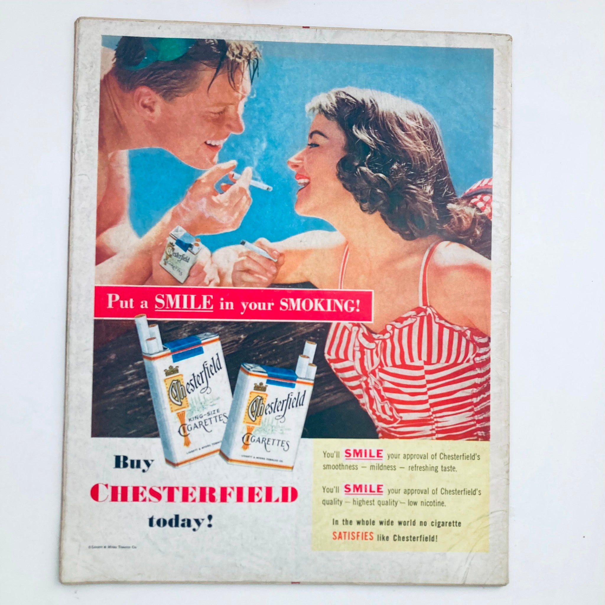 Back cover advertisement from VTG Look Magazine July 12 1955 Vol 19 No. 14 promoting Chesterfield cigarettes, featuring a couple by a pool with a nostalgic summer vibe.