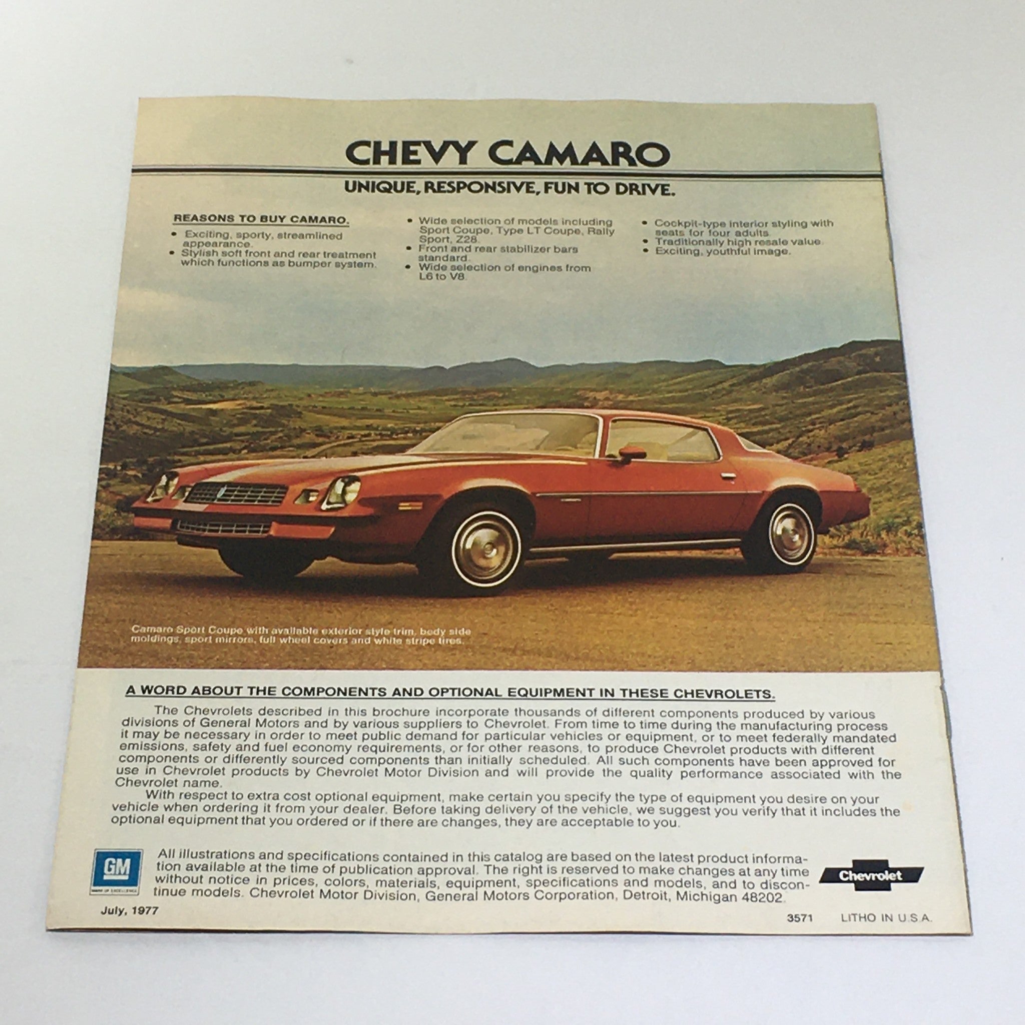 Vintage 1978 Camaro Z28 by Chevrolet 4-Speed 350 V-8 Engine Car Catalog Brochure