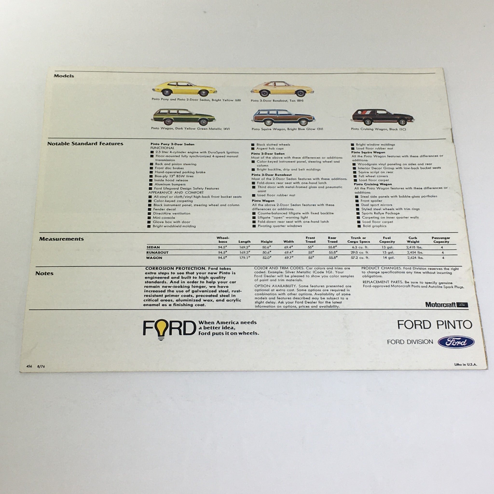 Vintage 1977 Ford Pinto 3-Door Runabout 2.3 Liter 4-Cylinder Engine Car Brochure