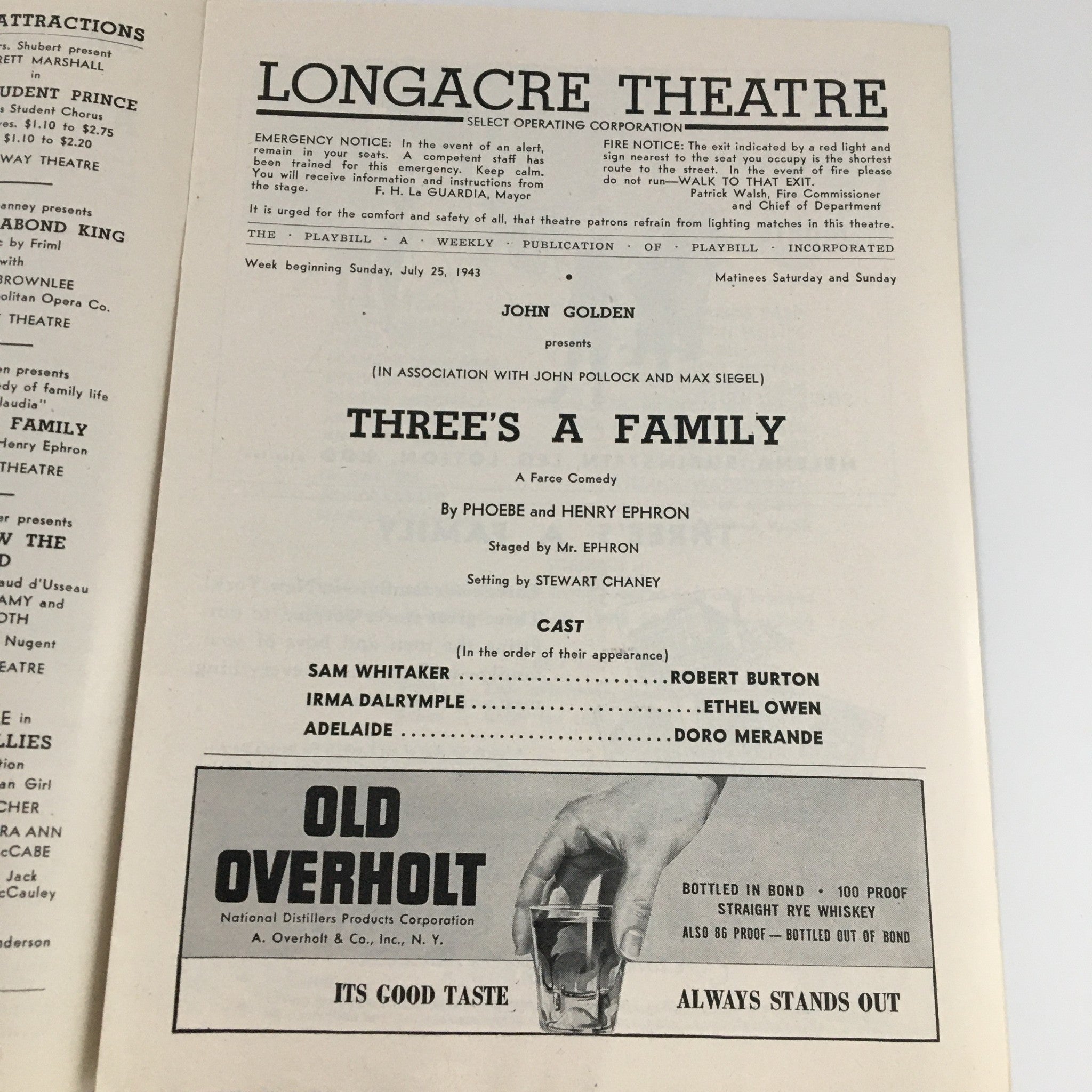 1943 Playbill Longacre Theatre 'Three's A Family' Robert Burton, Ethel Owen