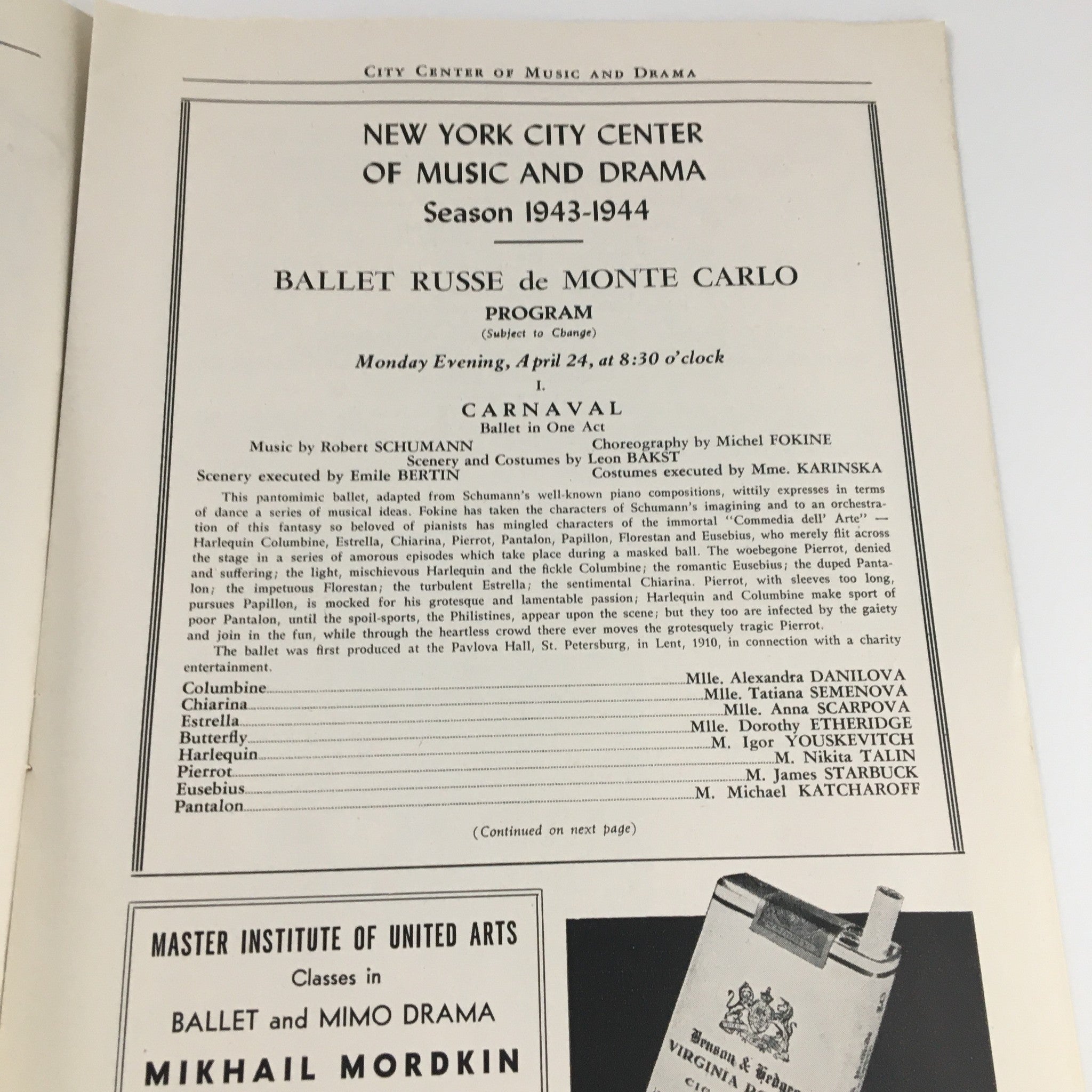 1944 Program-Magazine New York City Center 'Balle Russe de Monte Carlo'