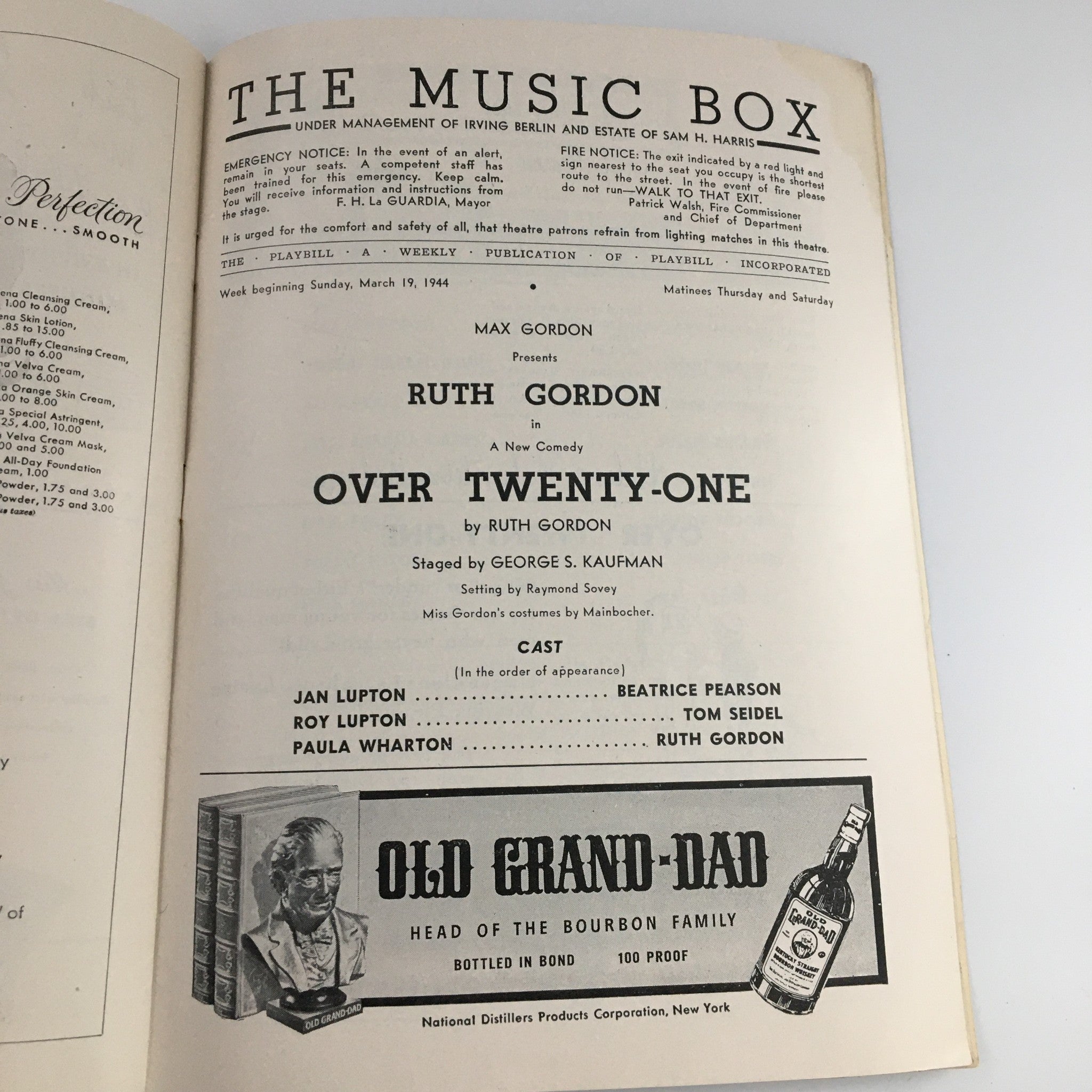 1944 Playbill The Music Box 'Over Twenty-One' Beatrice Pearson, Ruth Gordon