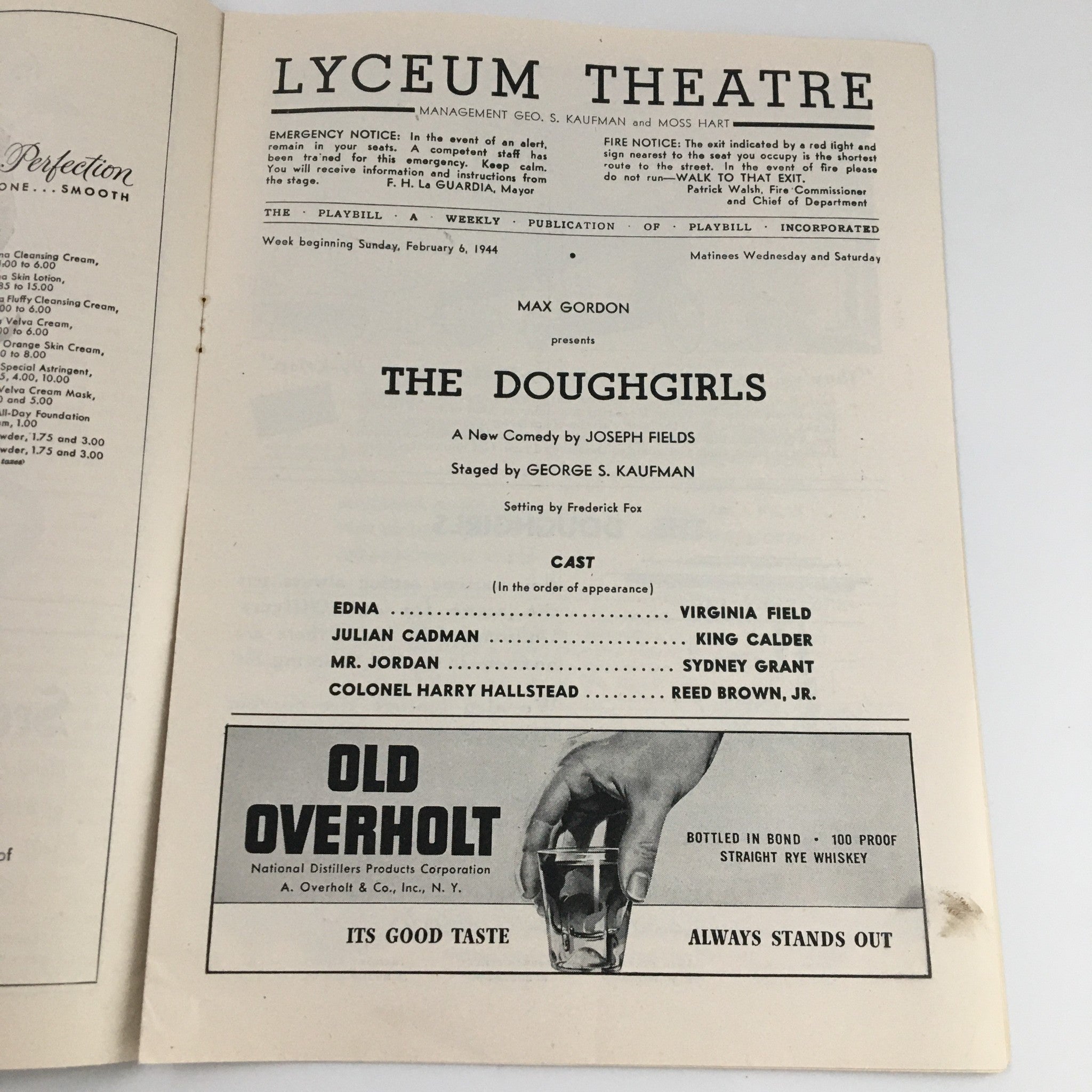 1944 Playbill Lyceum Theatre 'The Doughgirls' Virginia Field, King Calder