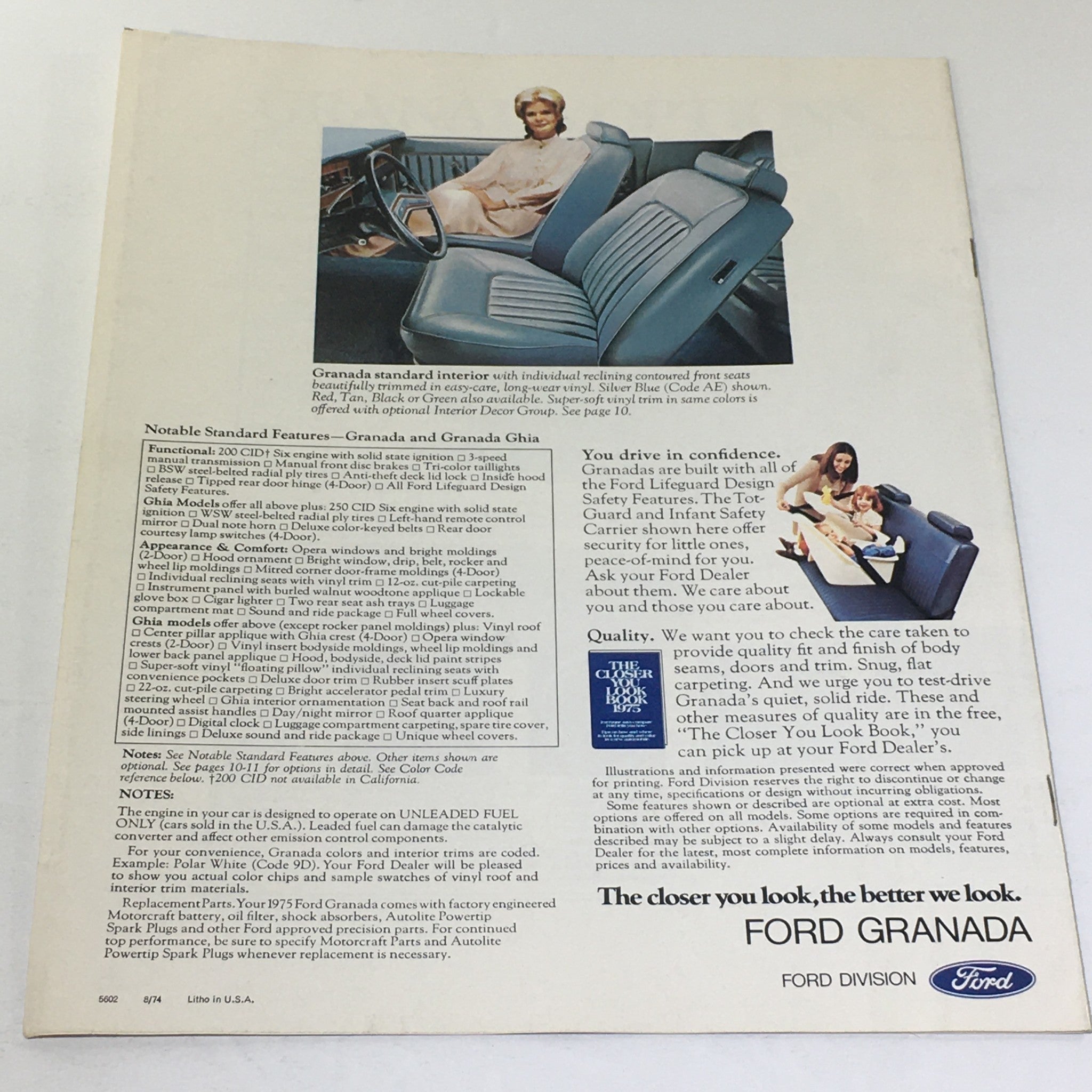 Vintage 1975 Ford Granada/Granada Ghia 4-Door Sedan 250 CID 3-Speed MT Brochure