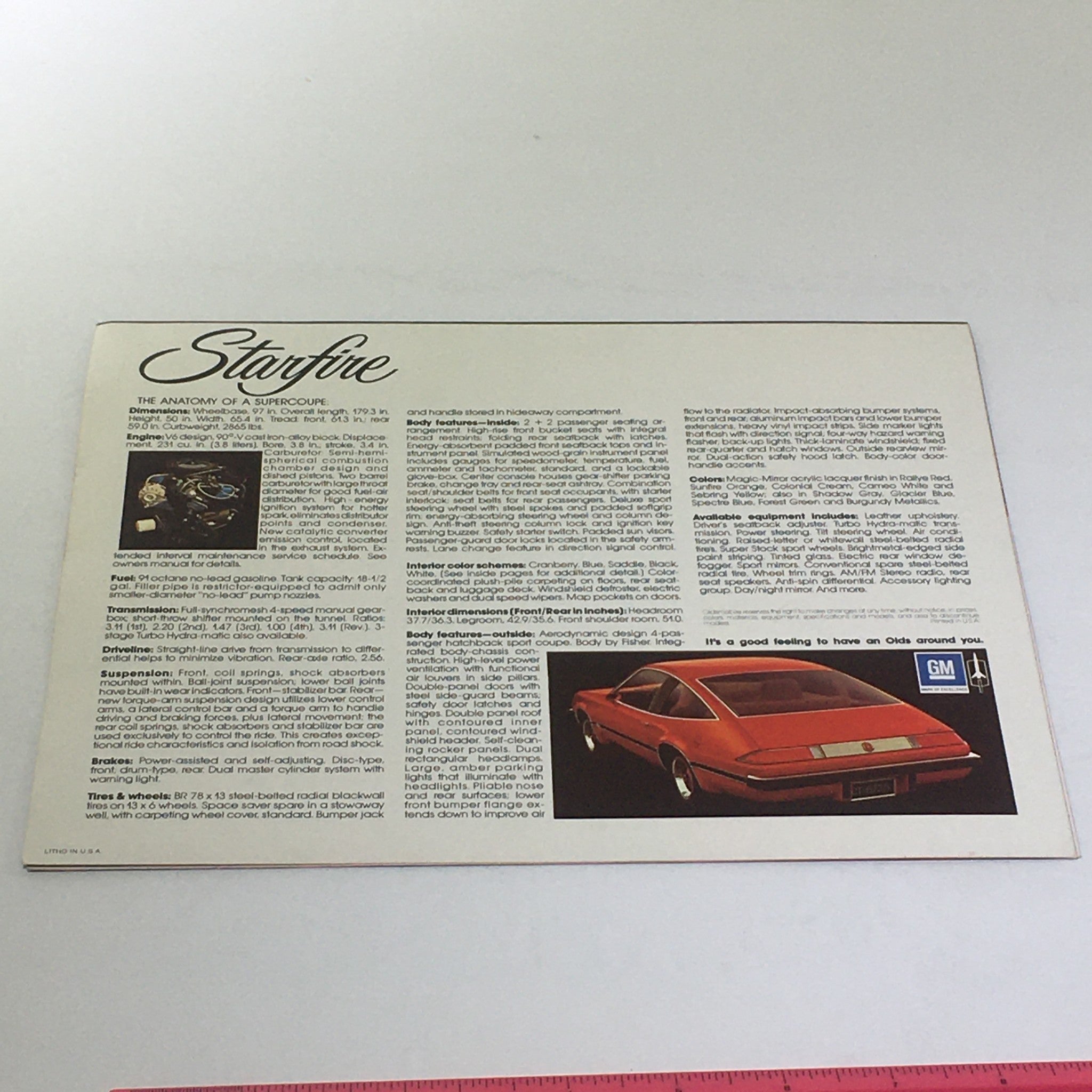 Vintage Starfire Little 4-Seater 3.8 Liter V-6 Engine 231cu Car Catalog Brochure