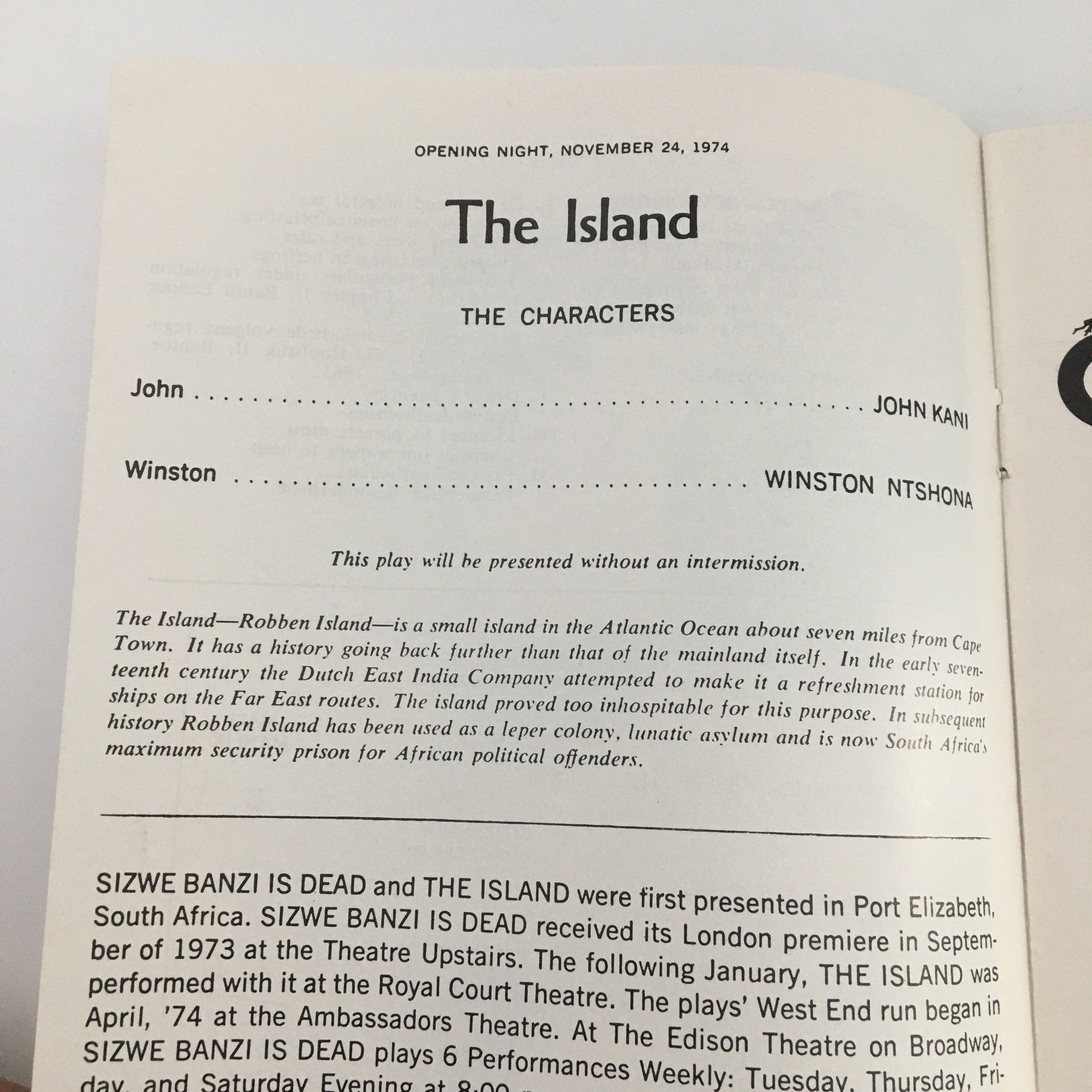 1975 Playbill Edison Theatre 'Sizwe Banzi is Dead' John Kani, Winston Ntshona