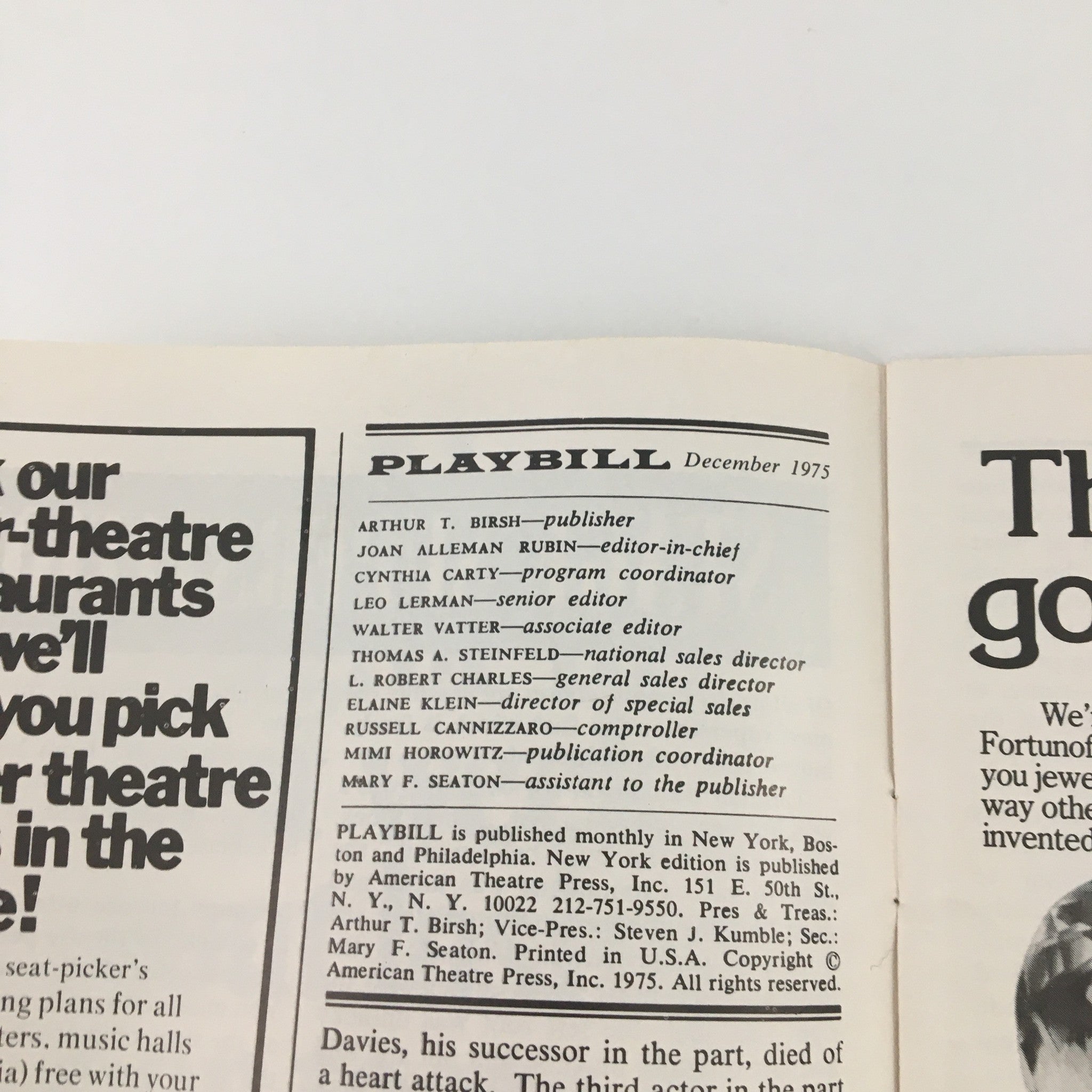 1975 Playbill Helen Hayes Theatre 'The Royal Family' Rosemary Harris, Sam Levene