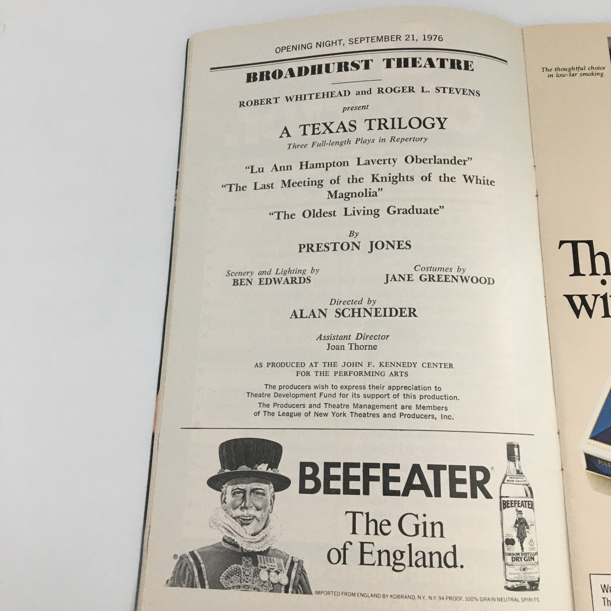 1976 Playbill Broadhurst Theatre 'A Texas Trilogy' Robert Whitehead, Roger S.