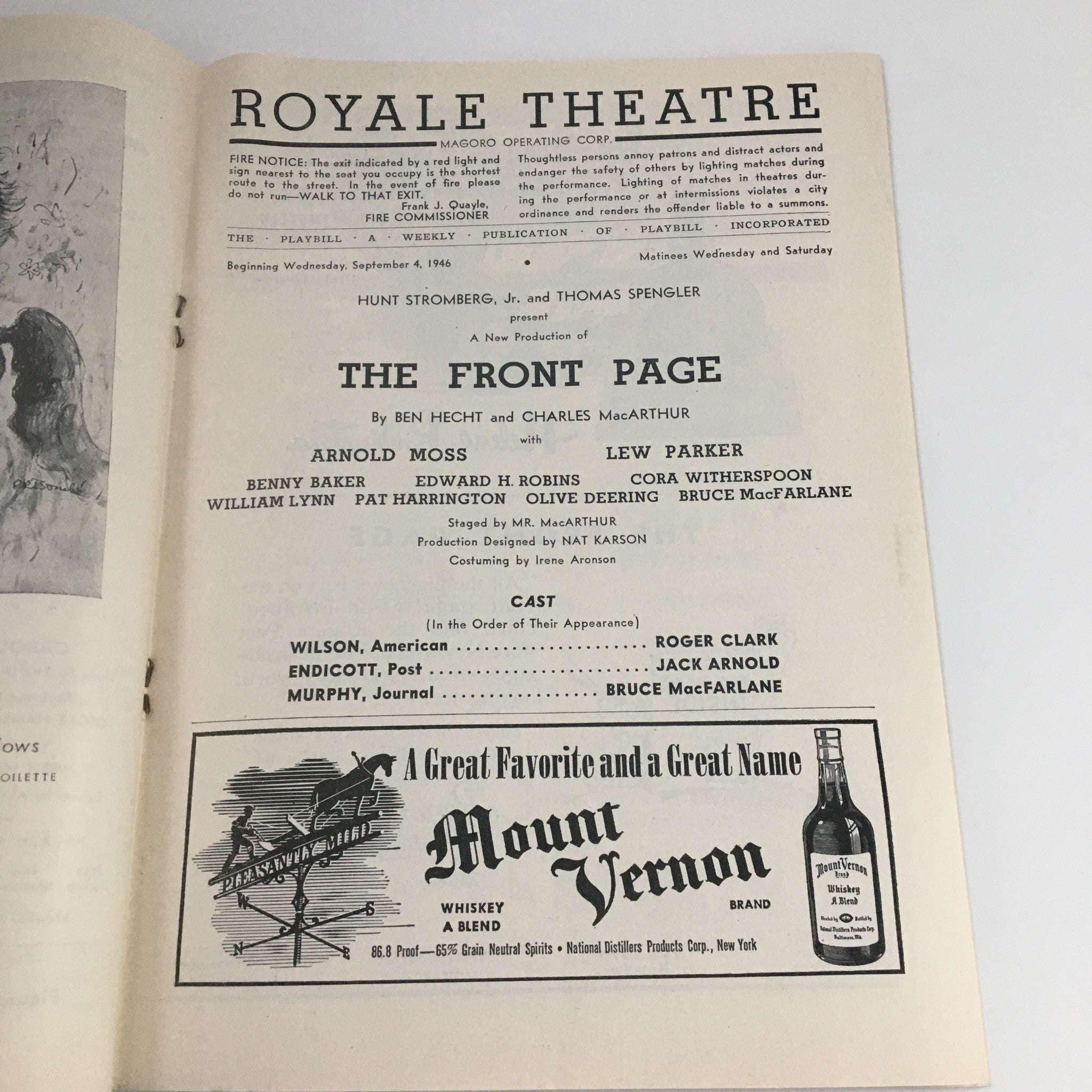 1946 Playbill Royale Theatre 'The Front Page' Hunt Stomberg Jr., Thomas Spengler