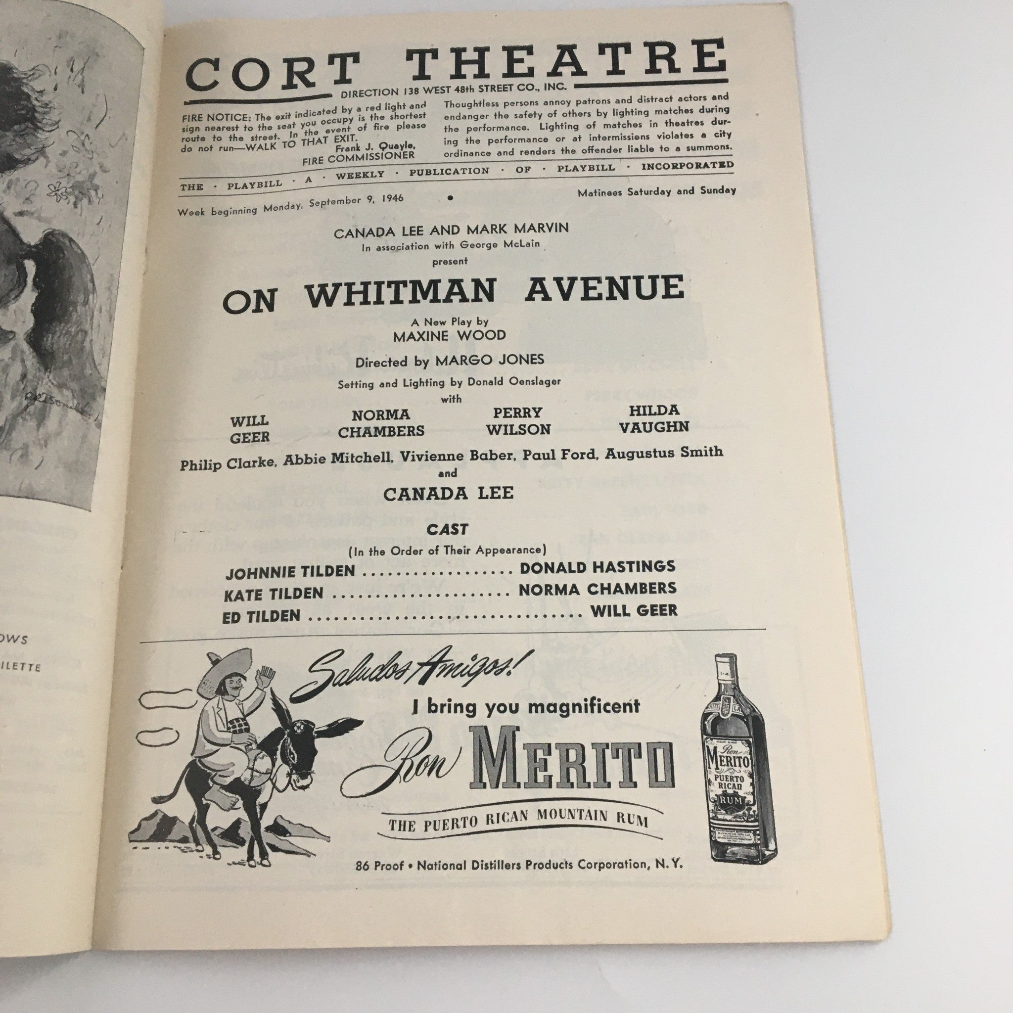 1946 Playbill Cort Theatre 'On Whitman Avenue' Will Geer, Norma Chambers