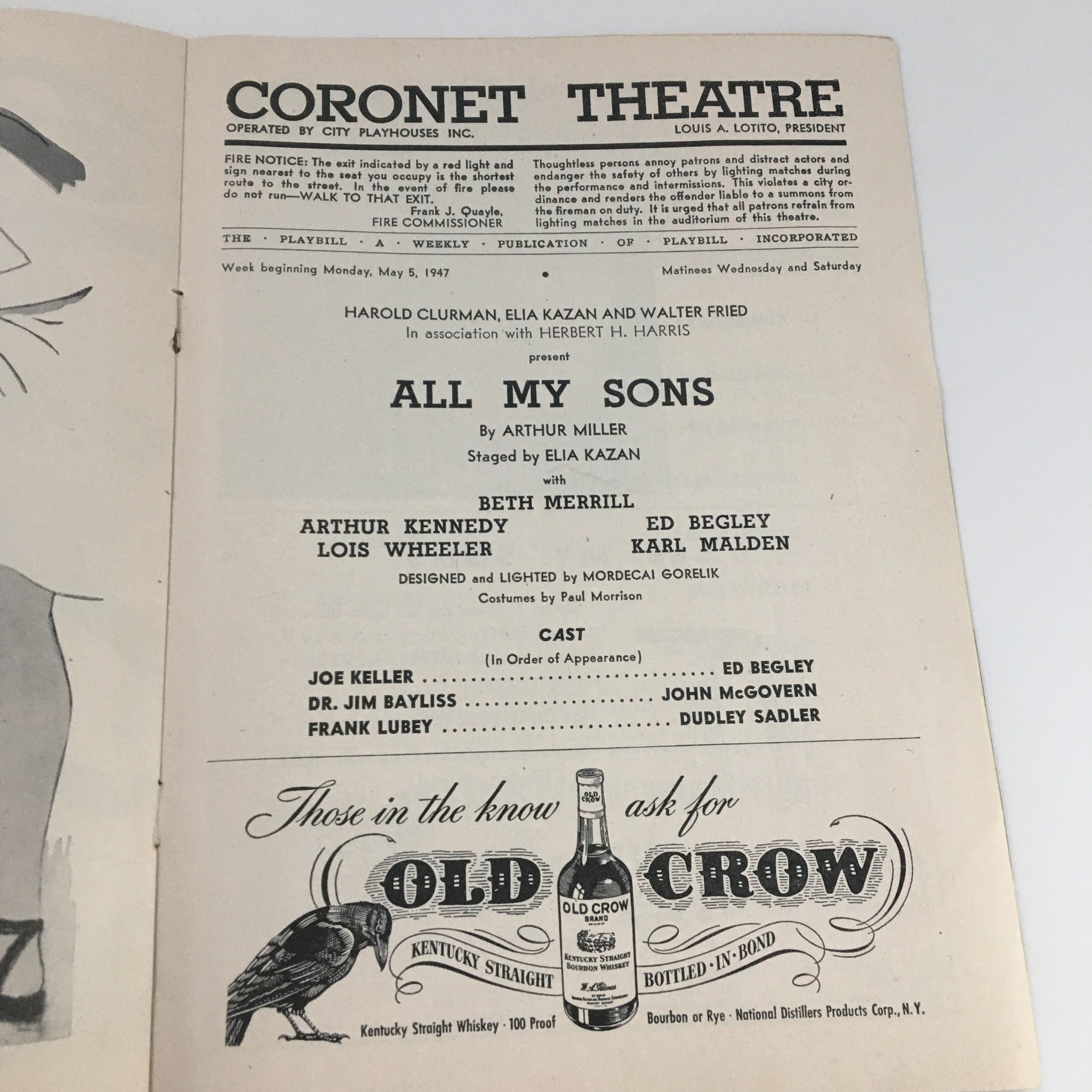 1947 Playbill Coronet Theatre 'All My Sons' Beth Merrill, Arthur Kennedy