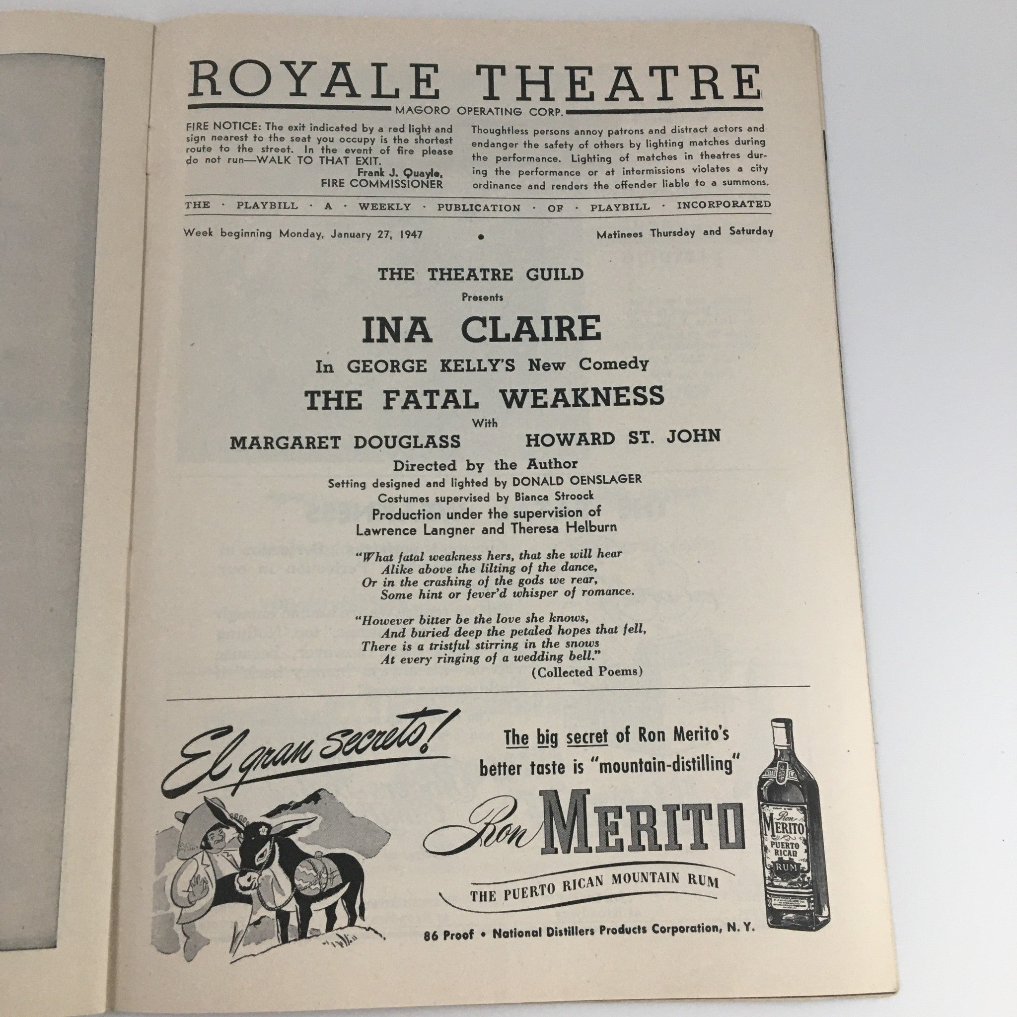 1947 Playbill Royale Theatre 'Ina Claire' Jane Seymour, Margaret Douglas