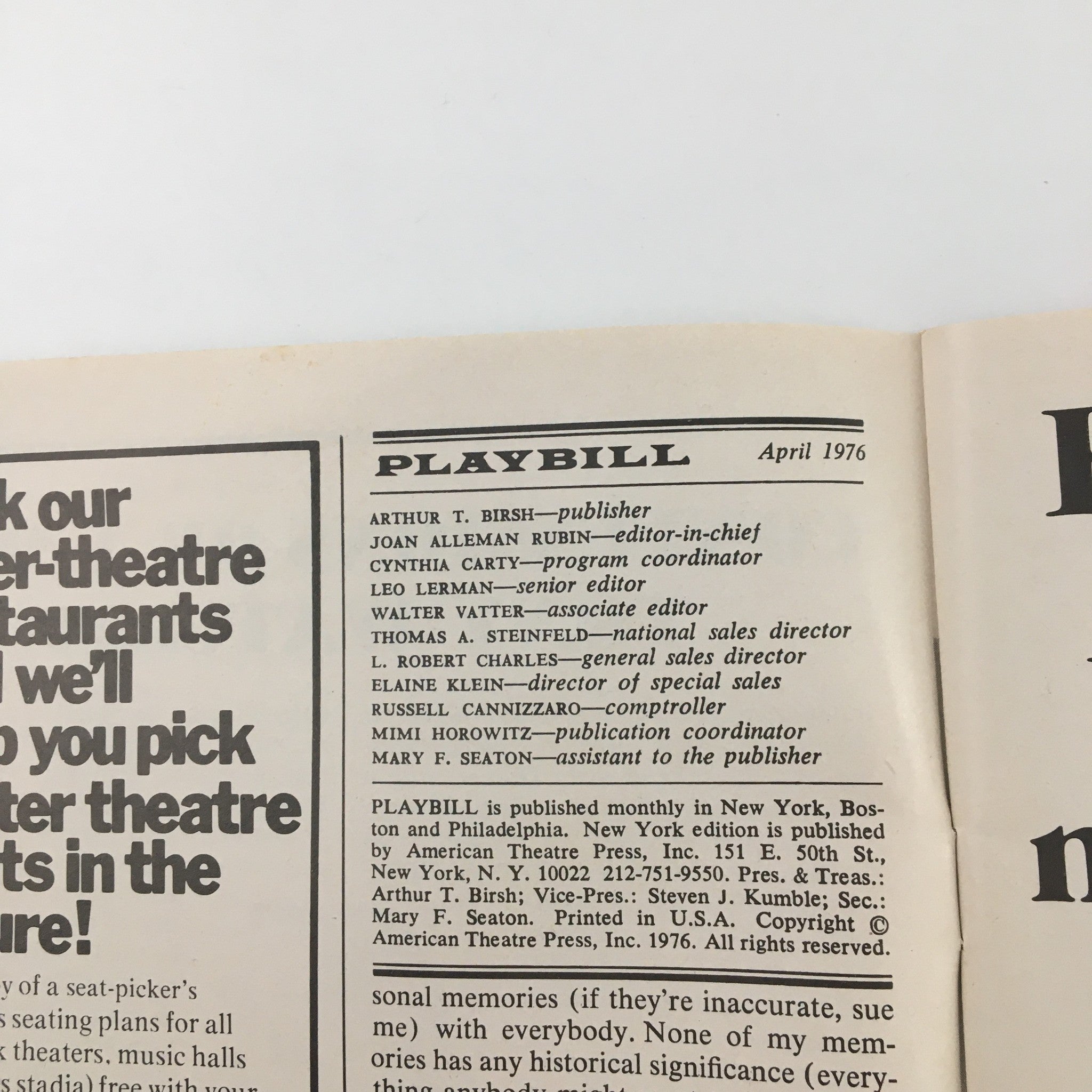 1976 Playbill Mitzi E. Newhouse Theater 'Streamers' Michael Kell, Peter Evans