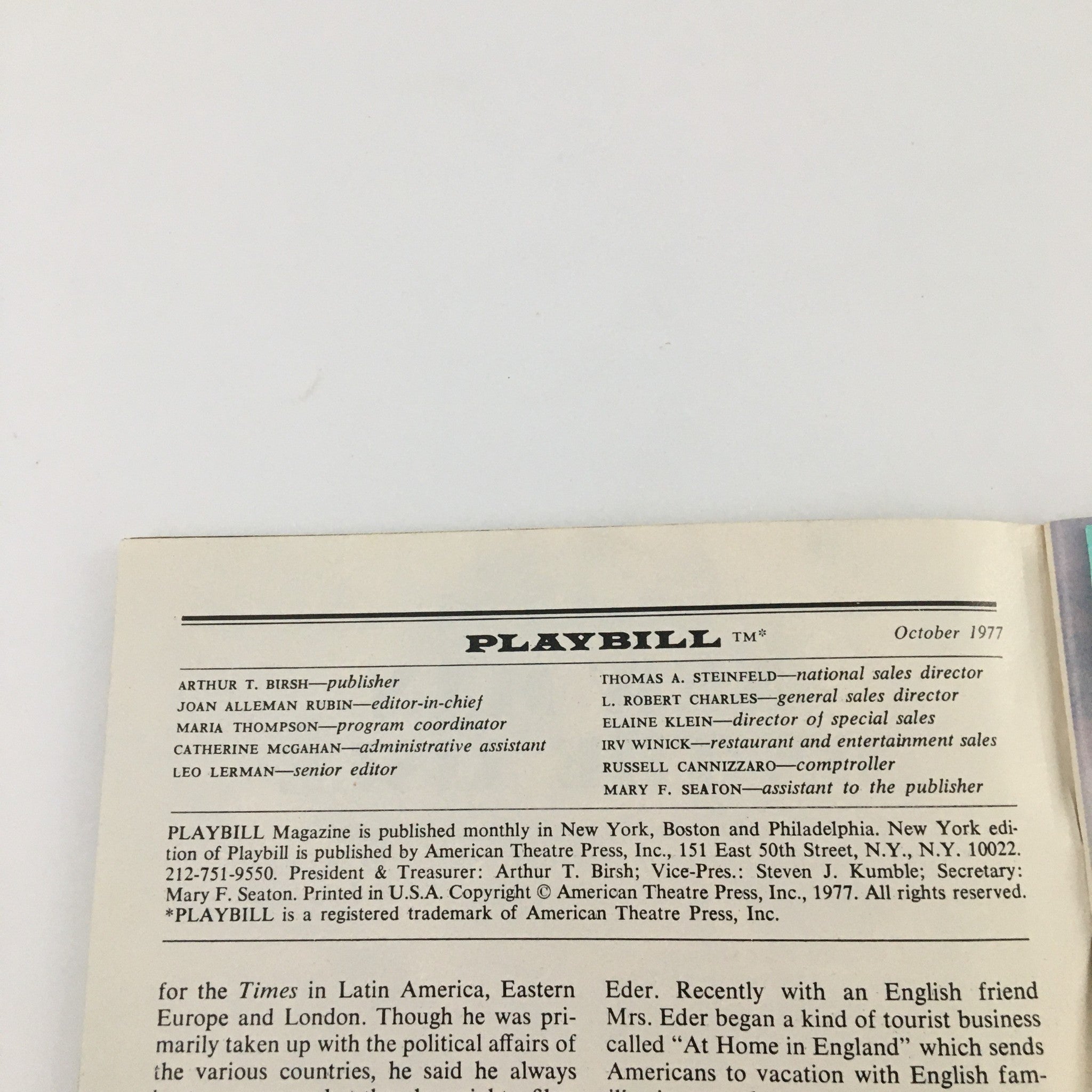 1977 Playbill City Center 55th St. Theater 'The Joffrey Ballet' Cynthia Anderson