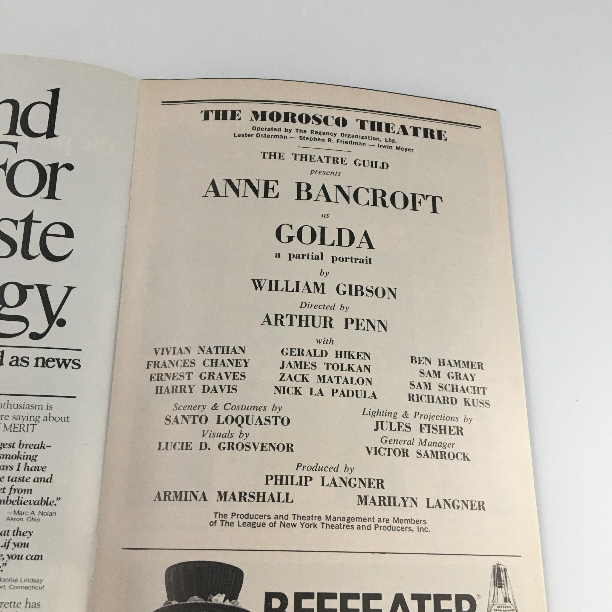 1977 Playbill Morosco Theatre 'Golda' Anne Bancroft, Vivian Nathan, Sam Gray