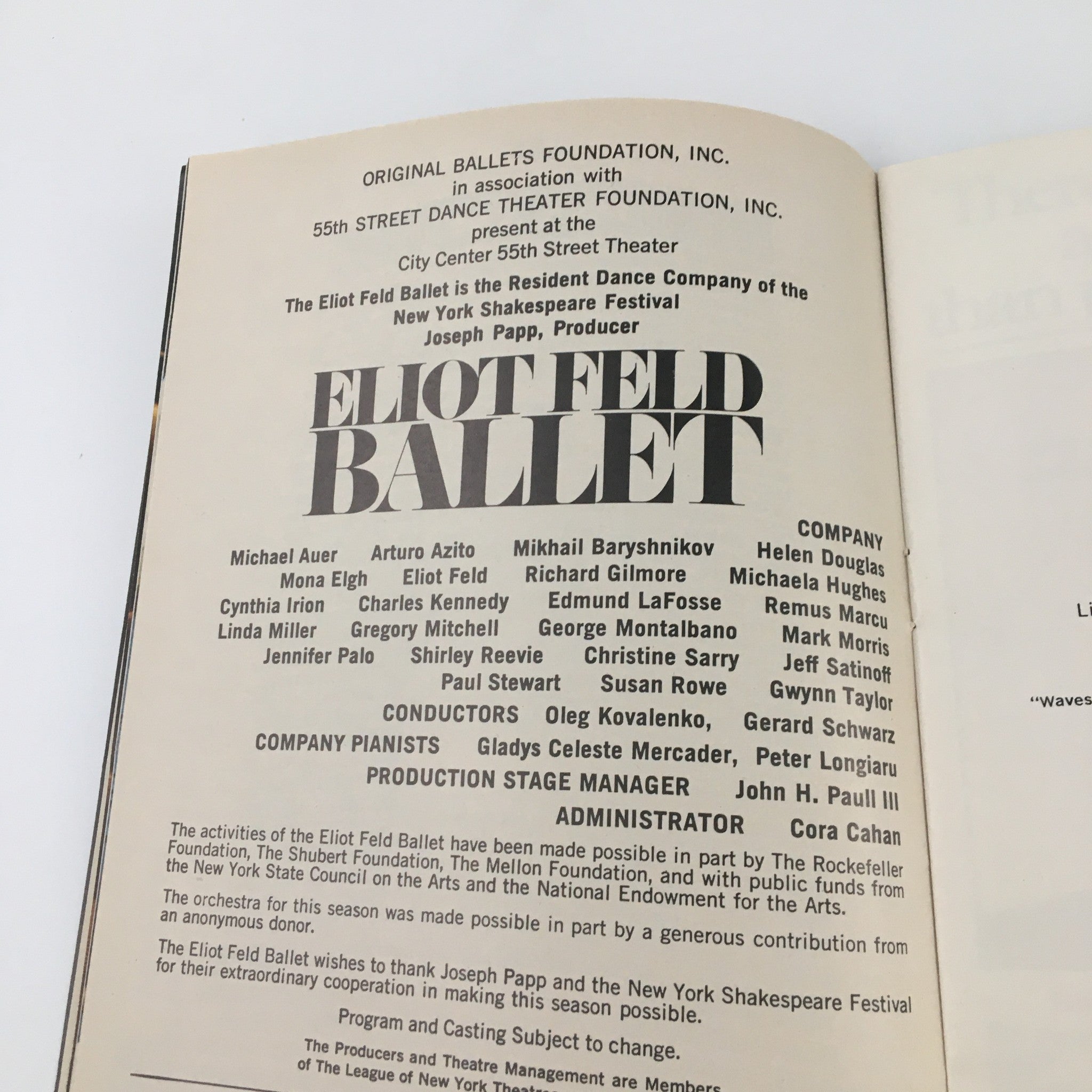 1977 Playbill City Center 55th Street Theater 'Eliot Feld Ballet' Michael Auer