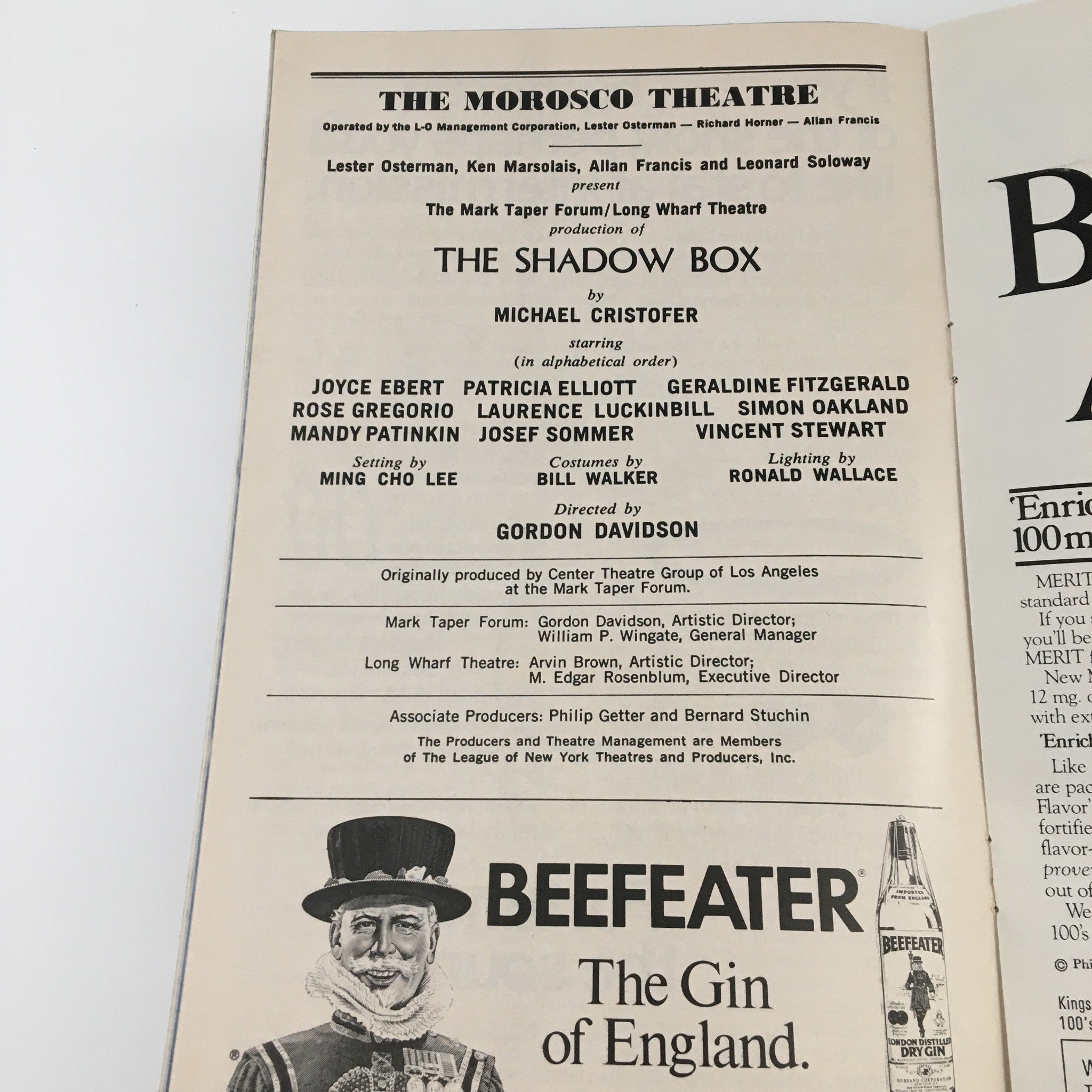 1977 Playbill Morosco Theatre 'The Shadow Box' Joyce Ebert, Simon Oakland