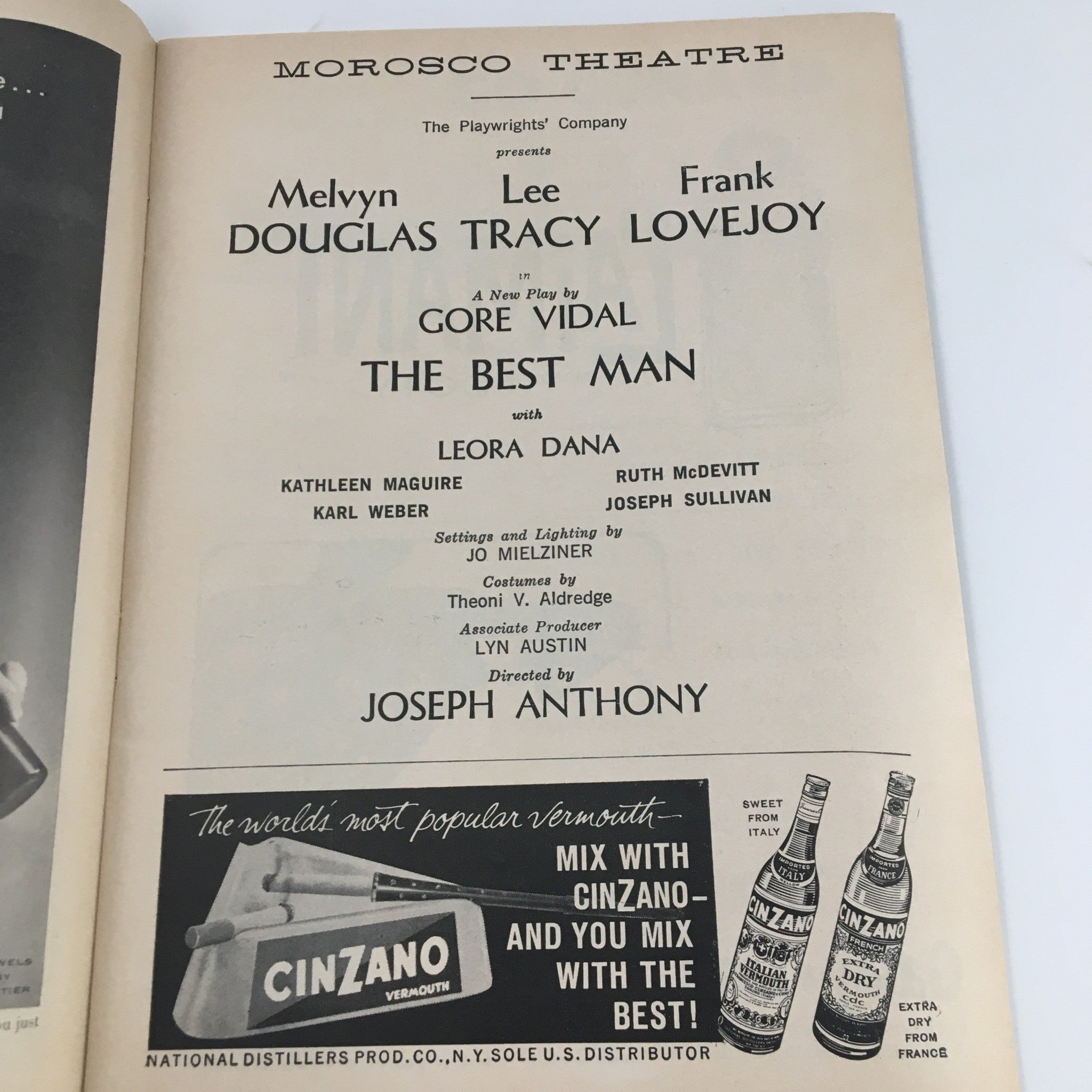 1960 Playbill Morosco Theatre 'The Best Man' Melvyn Douglas, Frank Lovejoy