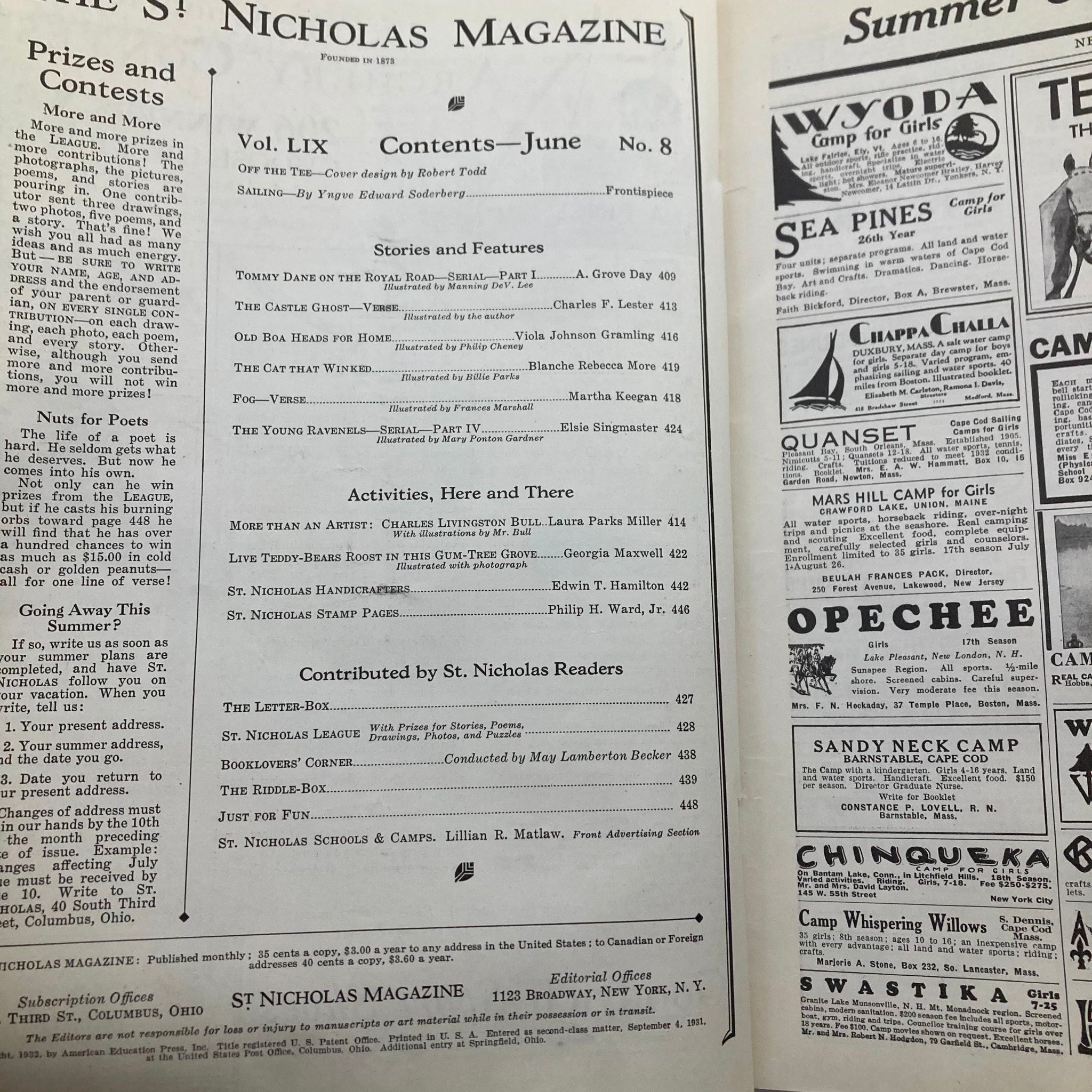 VTG St. Nicholas Magazine June 1932 Vol 59 No. 9 The Cat That Winked No Label