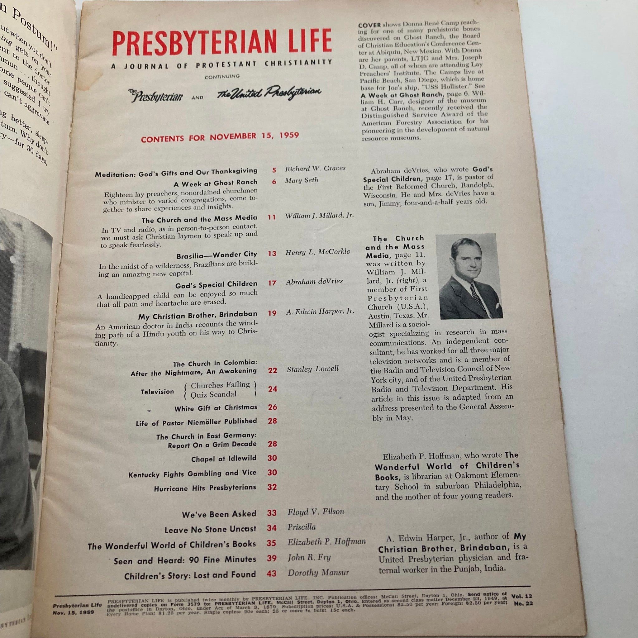 VTG Presbyterian Life Magazine November 15 1959 Donna Rene Camp Cover