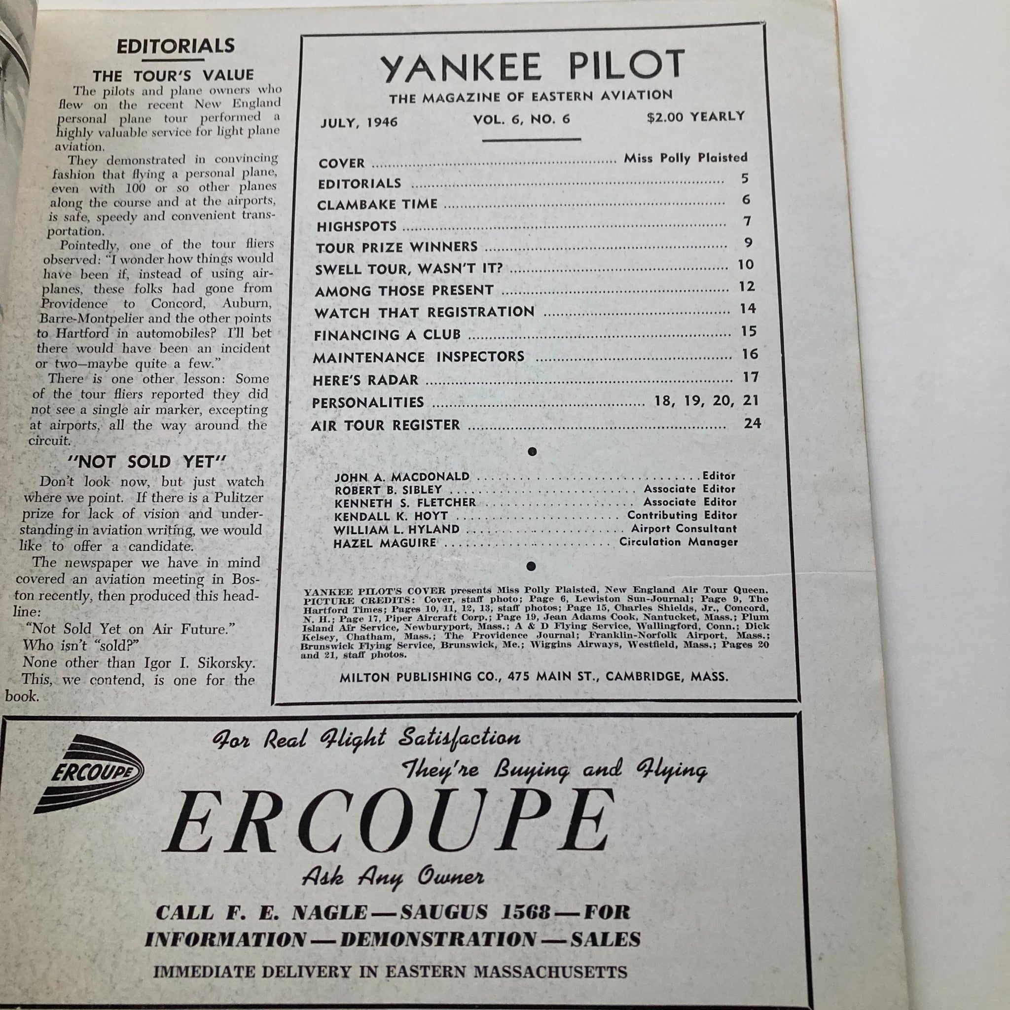 VTG Yankee Pilot Magazine July 1946 Vol 6 No. 6 Miss Polly Plaisted No Label