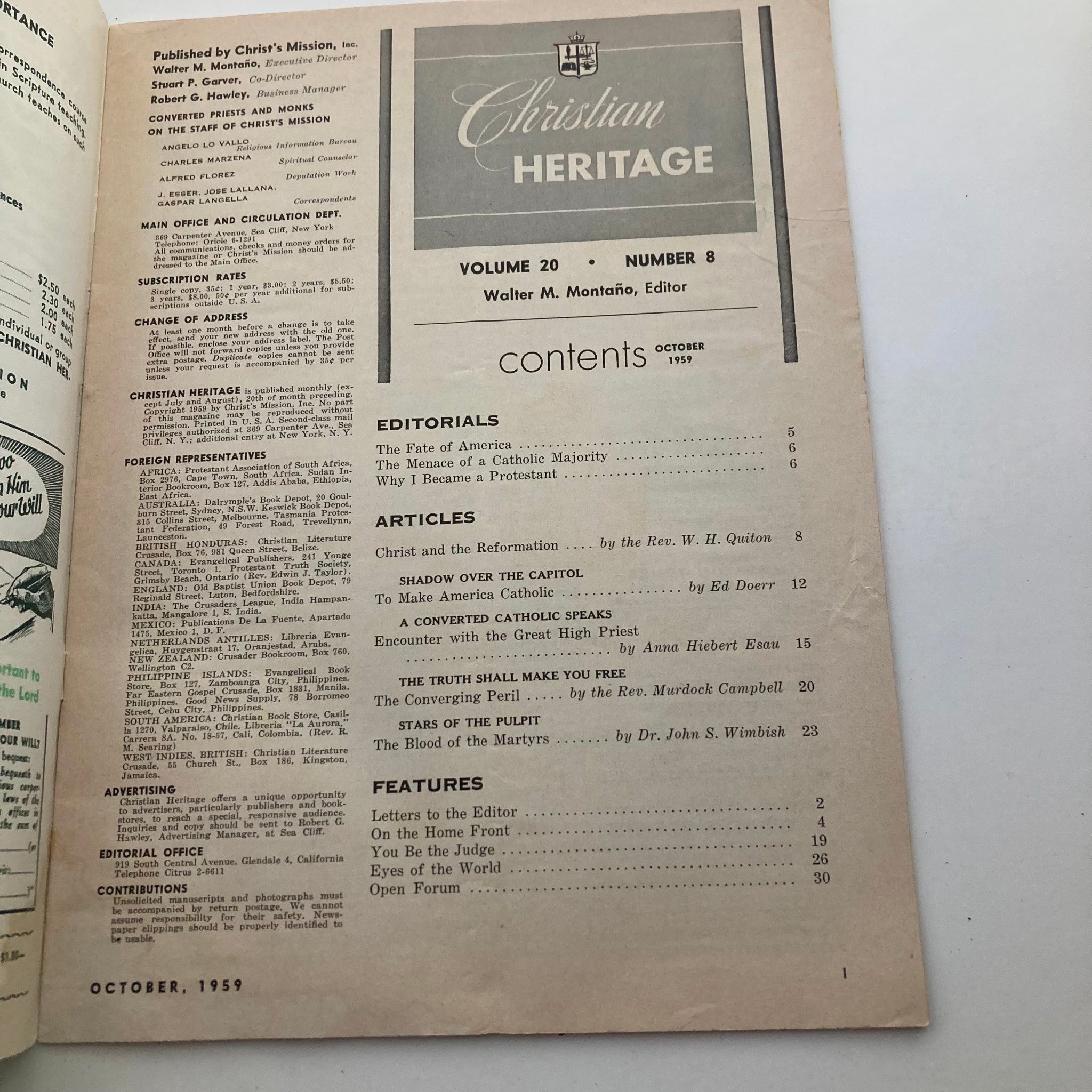 VTG Christian Heritage Magazine October 1959 The Converging Peril No Label