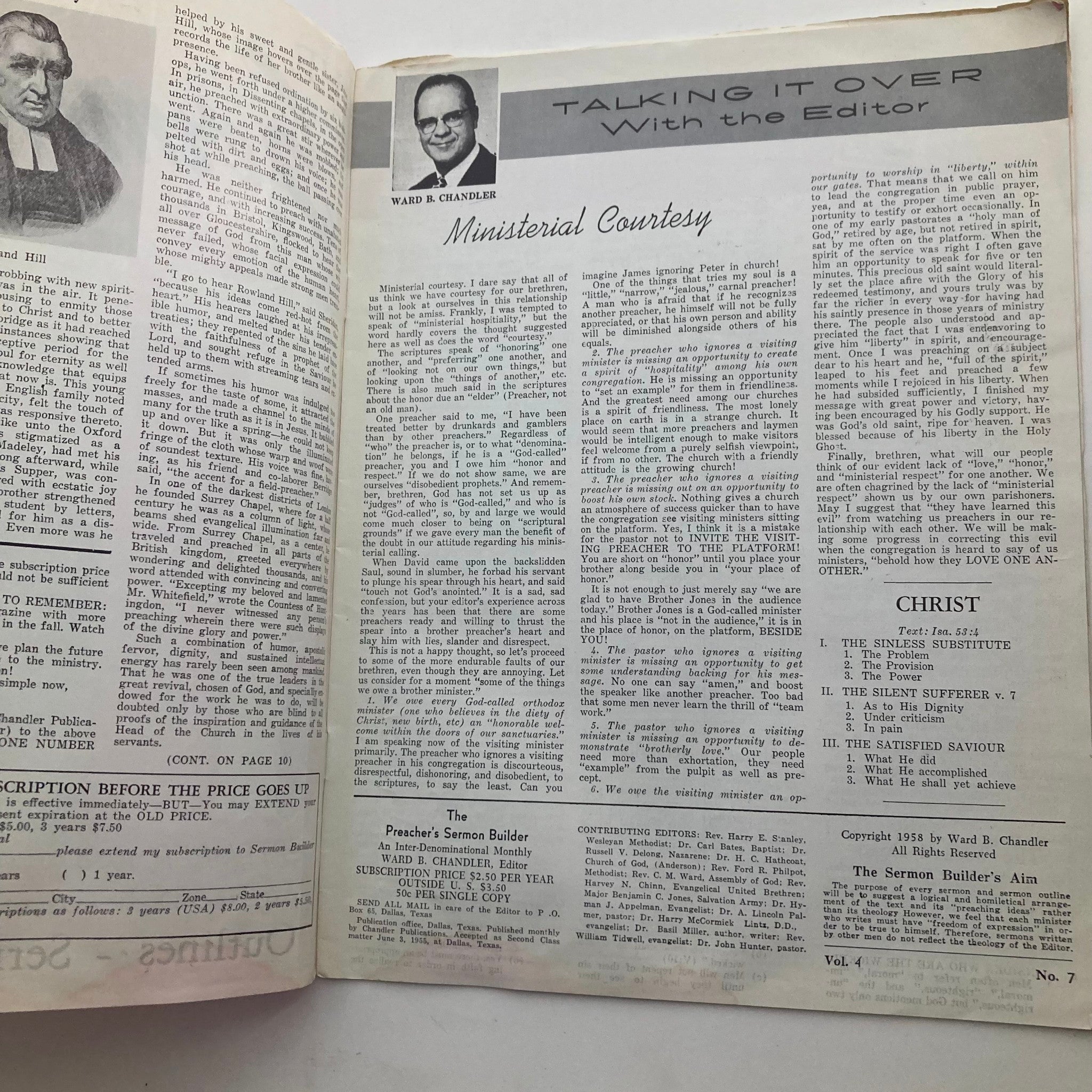 VTG The Preacher's Sermon Builder Magazine September 1958 Rowland Hill